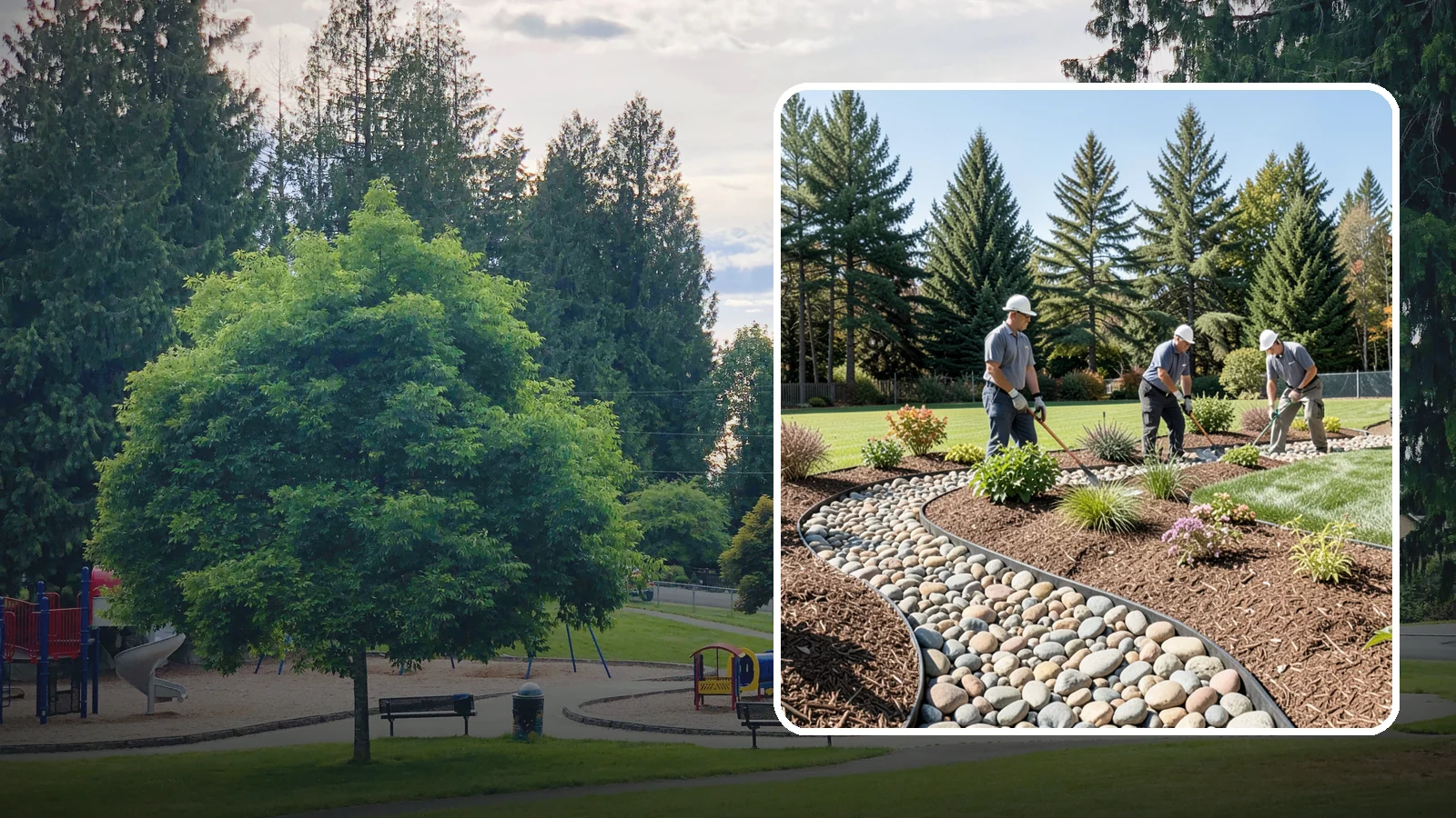 River Rock Installation in Bonney Lake, Pierce County, WA - Smooth river rock installed for decorative beds, dry creek beds, and natural-looking drainage accents.