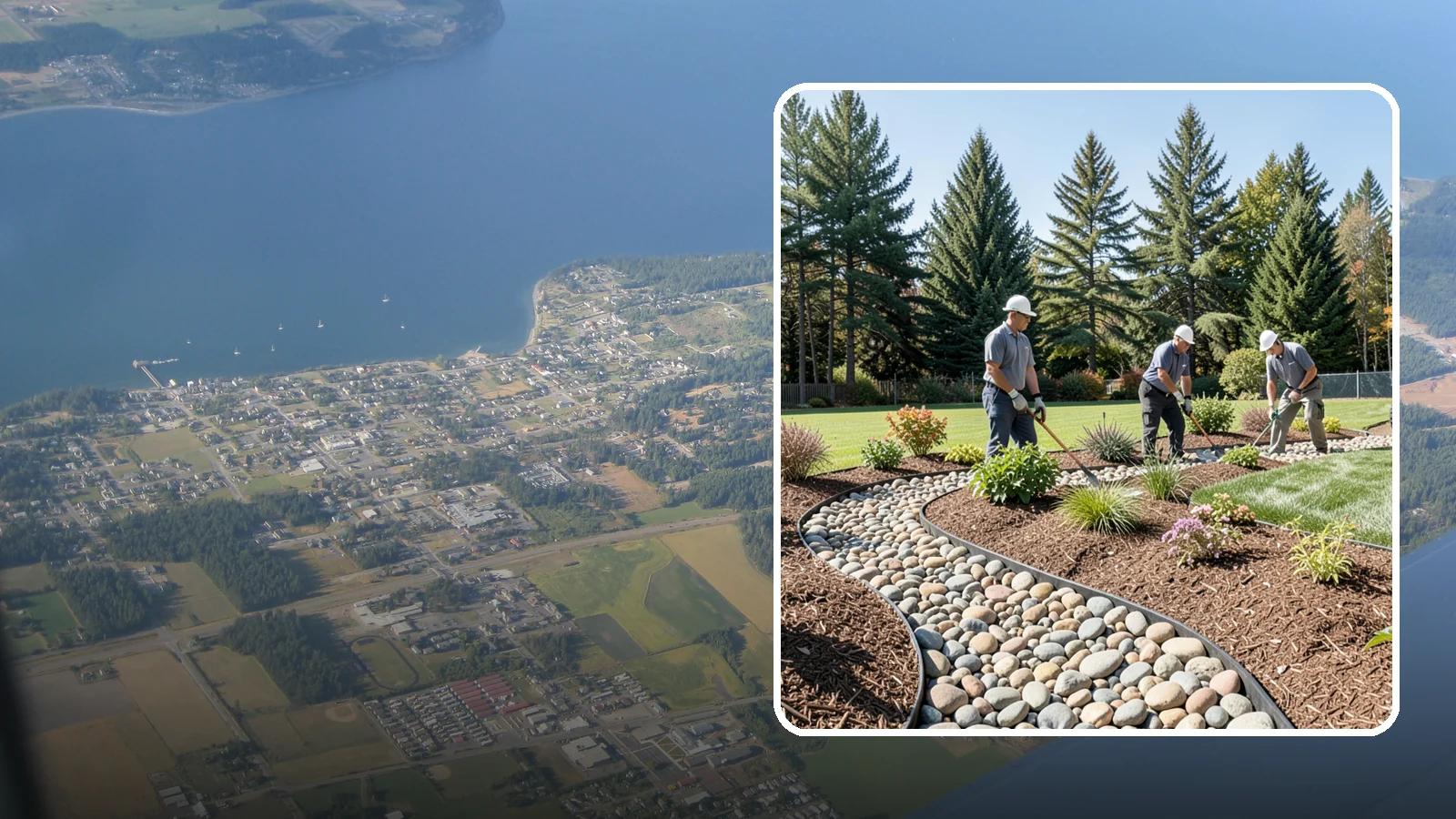 River Rock Installation in Coupeville, Island County, WA - Smooth river rock installed for decorative beds, dry creek beds, and natural-looking drainage accents.