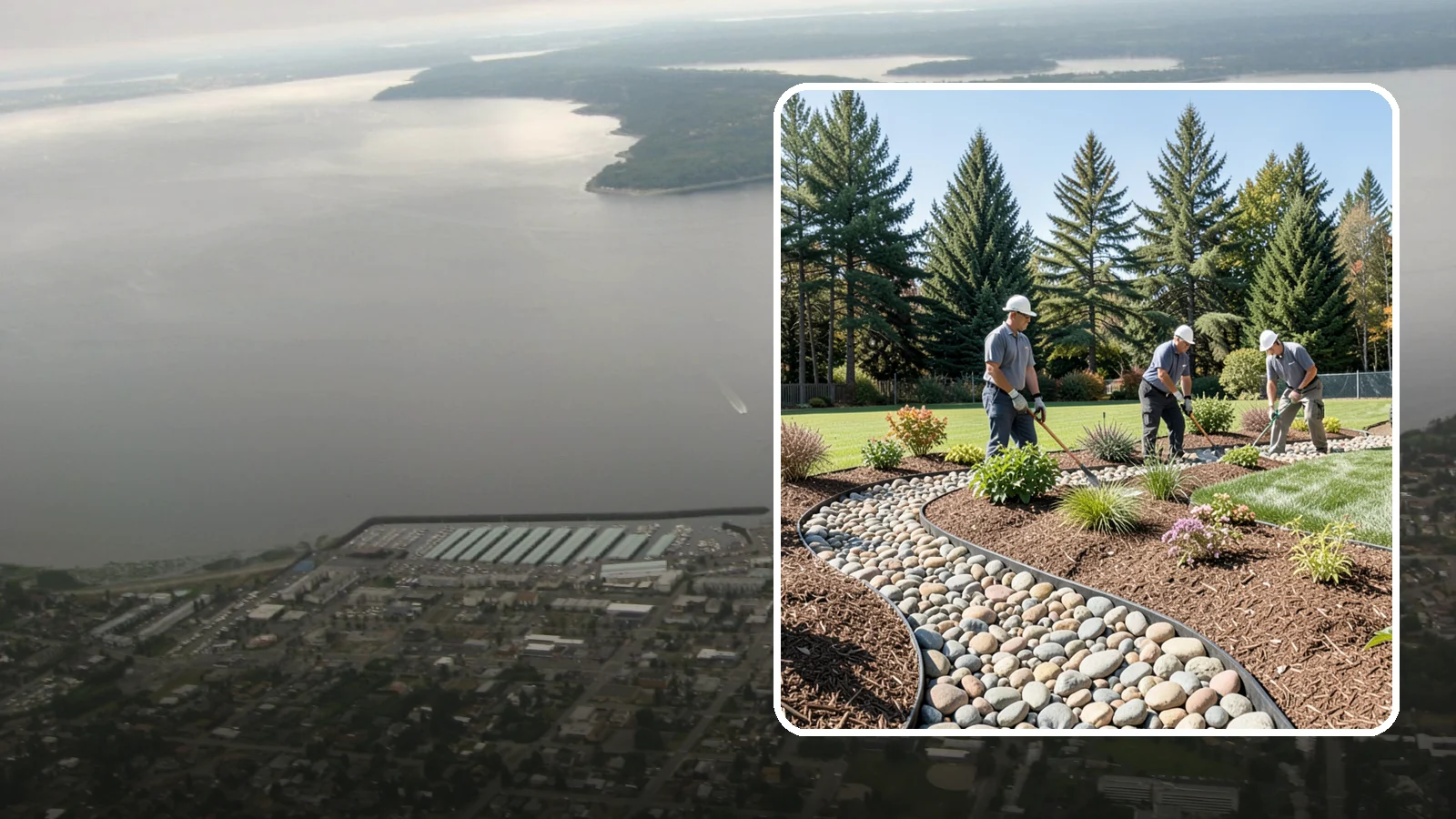 River Rock Installation in Des Moines, King County, WA - Smooth river rock installed for decorative beds, dry creek beds, and natural-looking drainage accents.