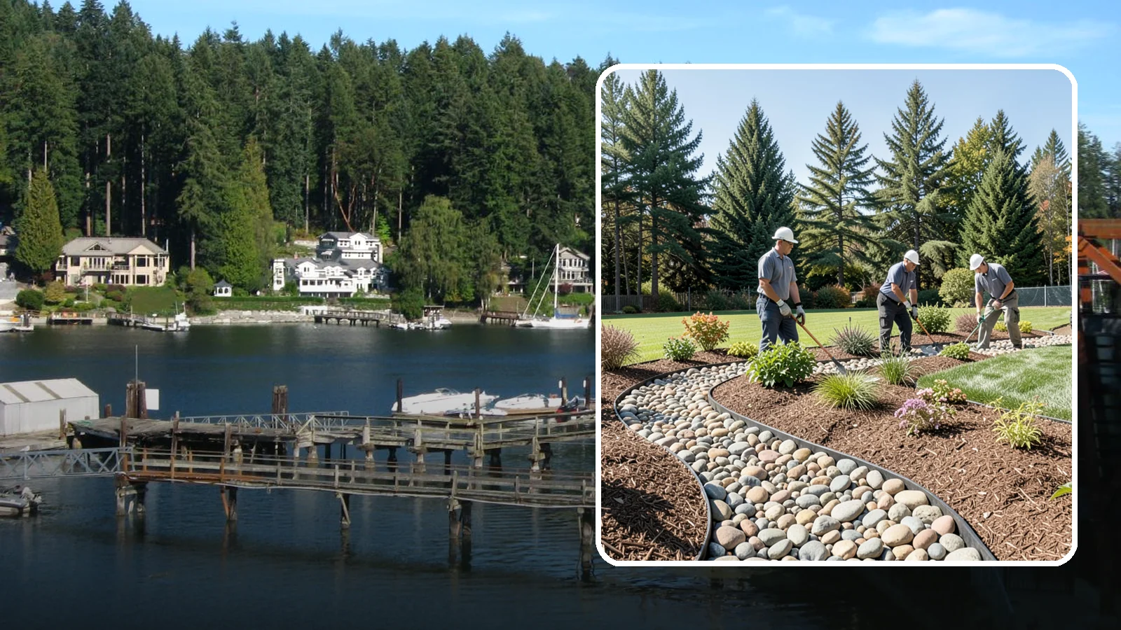 River Rock Installation in Gig Harbor, Pierce County, WA - Smooth river rock installed for decorative beds, dry creek beds, and natural-looking drainage accents.