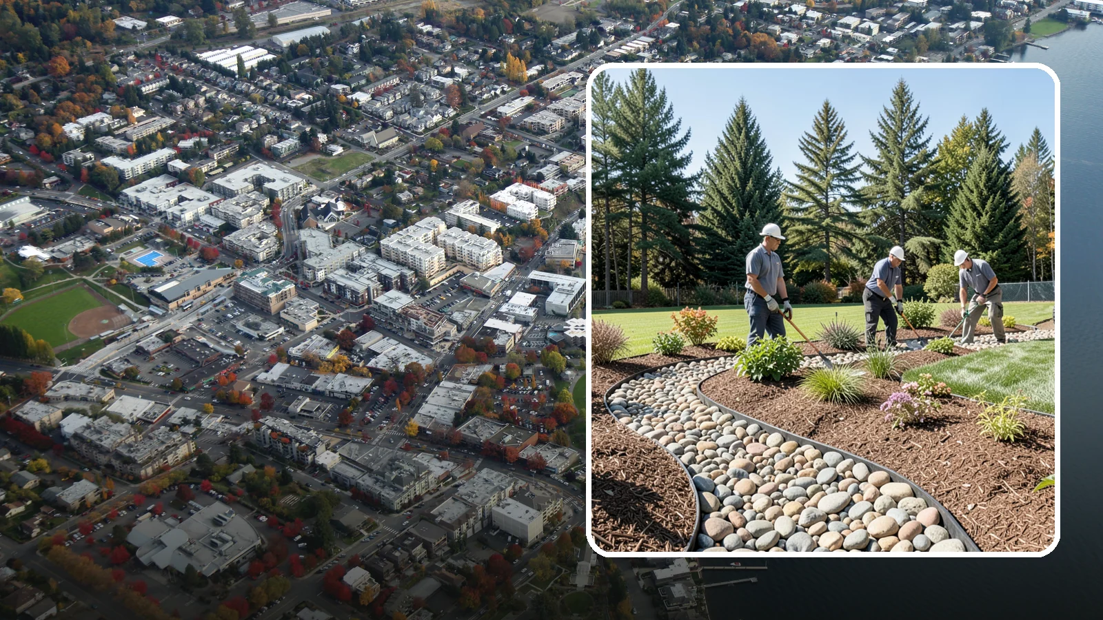 River Rock Installation in Kirkland, King County, WA - Smooth river rock installed for decorative beds, dry creek beds, and natural-looking drainage accents.