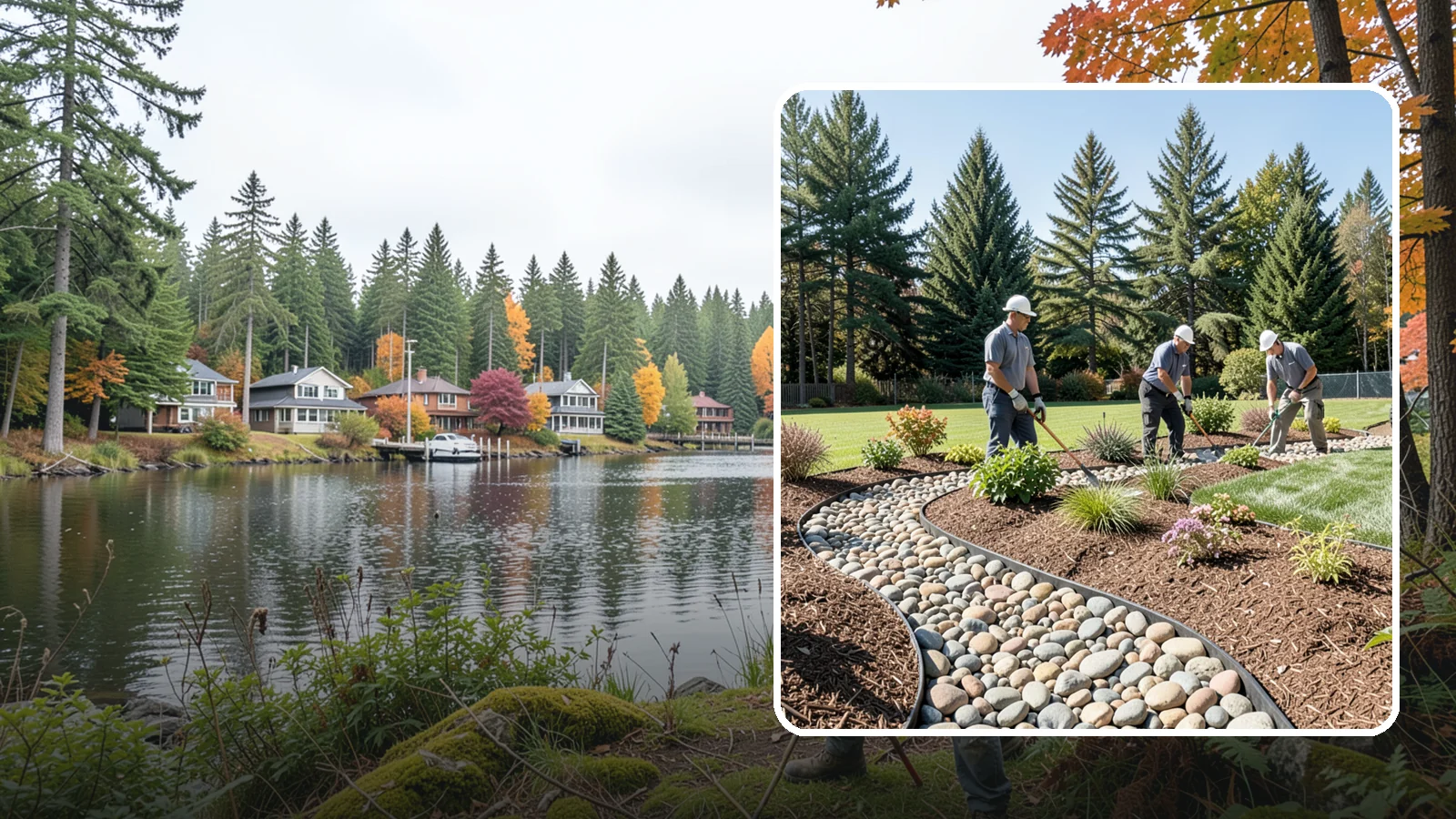 River Rock Installation in La Conner, Skagit County, WA - Smooth river rock installed for decorative beds, dry creek beds, and natural-looking drainage accents.