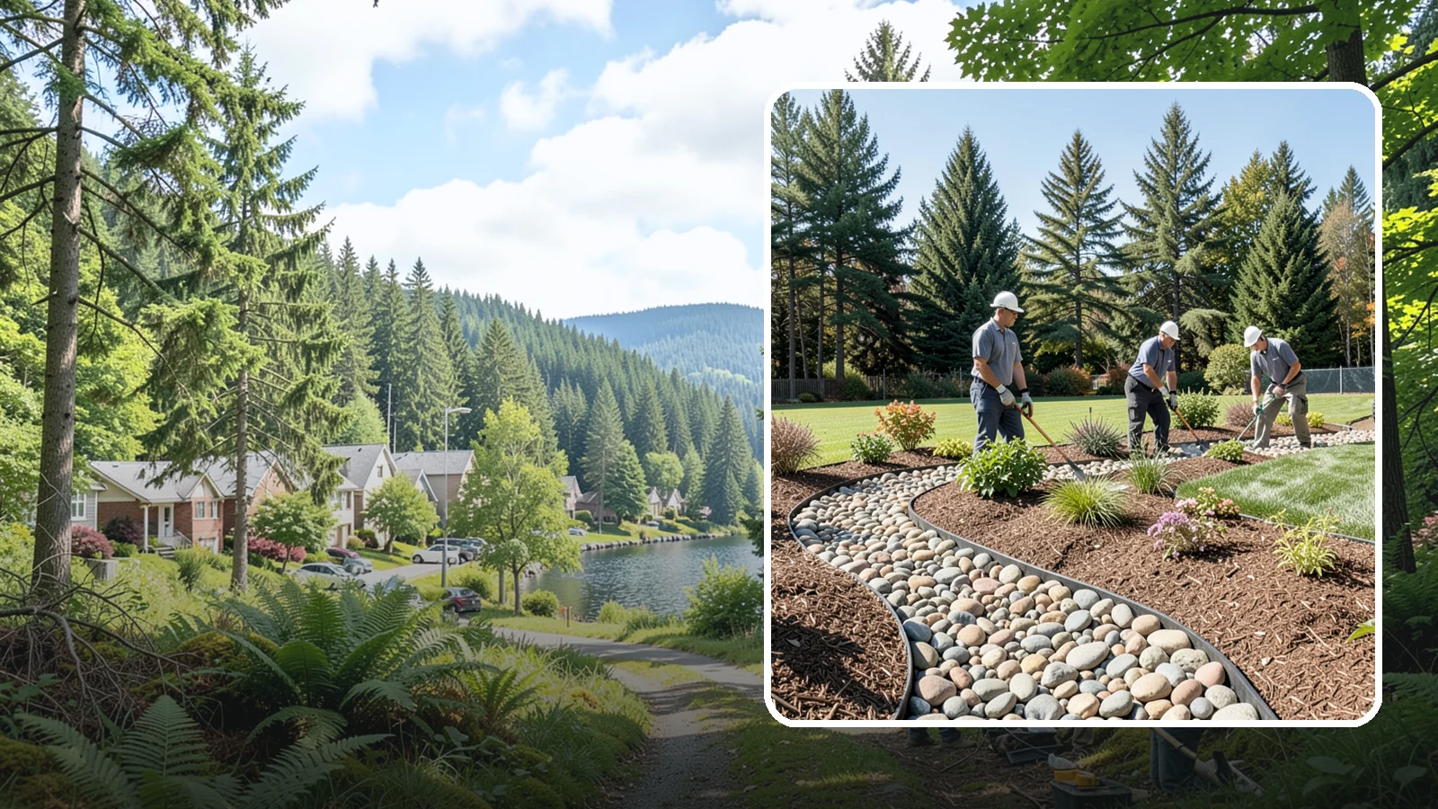 River Rock Installation in Lake Forest Park, King County, WA - Smooth river rock installed for decorative beds, dry creek beds, and natural-looking drainage accents.
