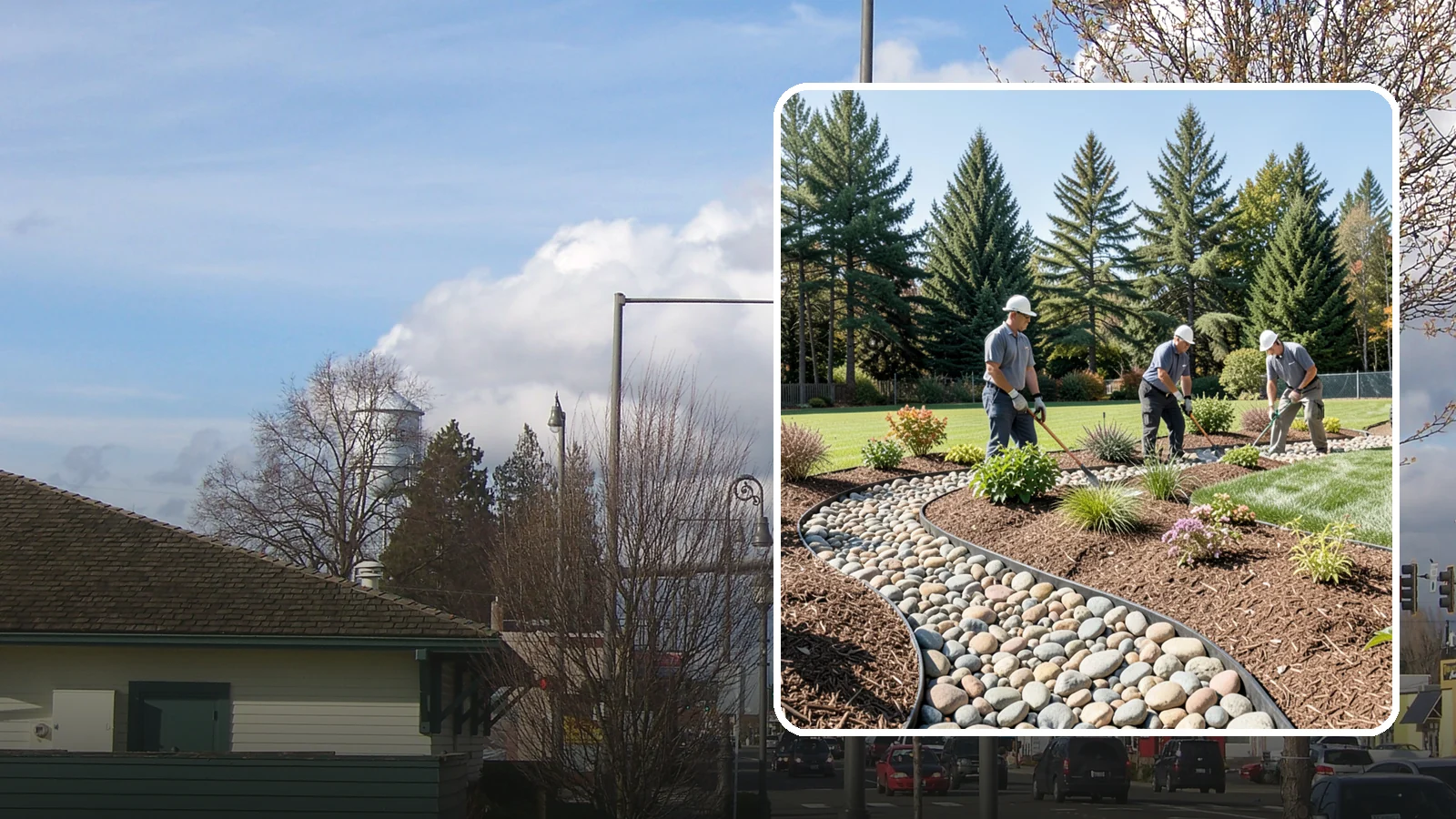 River Rock Installation in Marysville, Snohomish County, WA - Smooth river rock installed for decorative beds, dry creek beds, and natural-looking drainage accents.