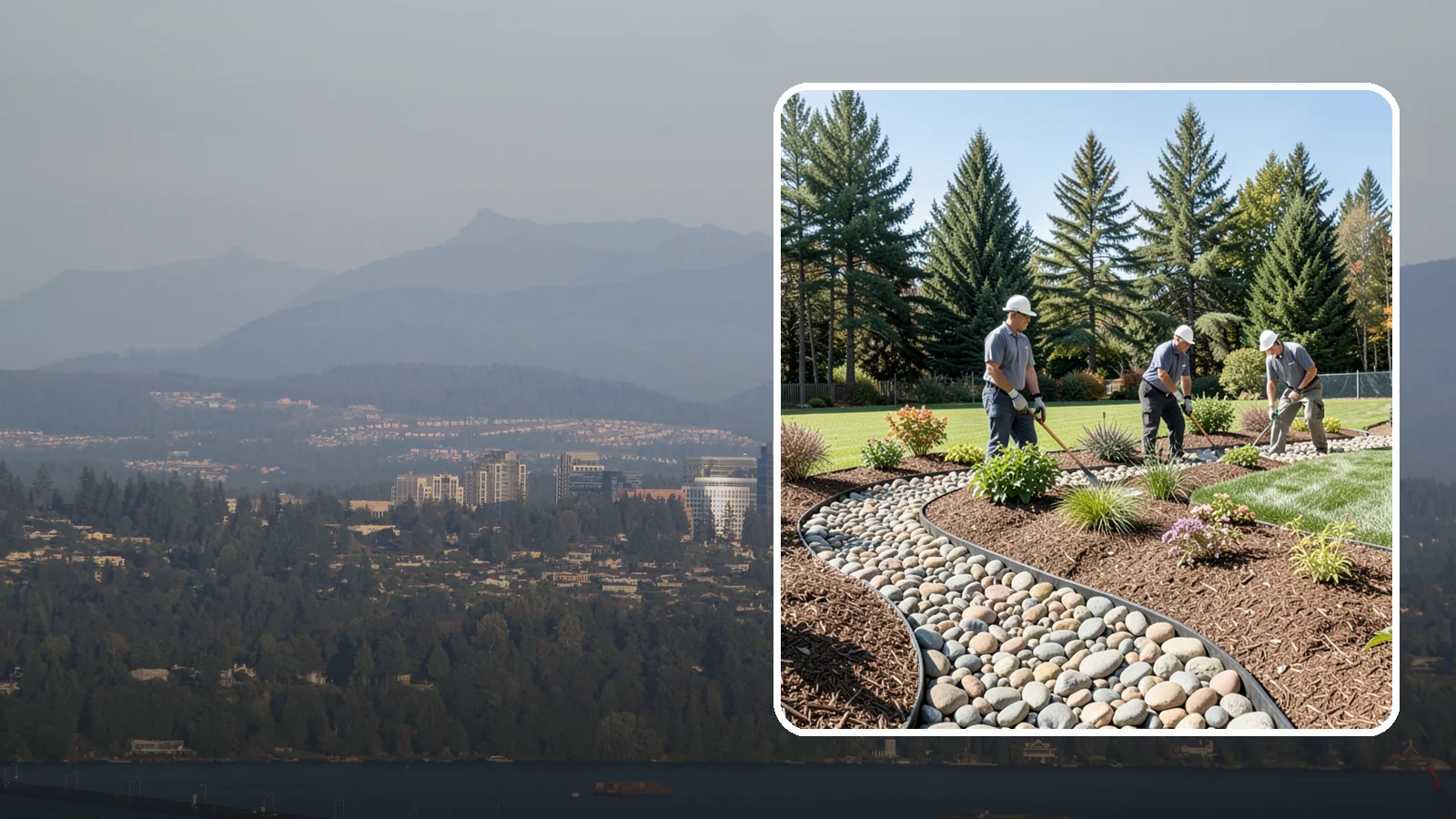 River Rock Installation in Medina, King County, WA - Smooth river rock installed for decorative beds, dry creek beds, and natural-looking drainage accents.