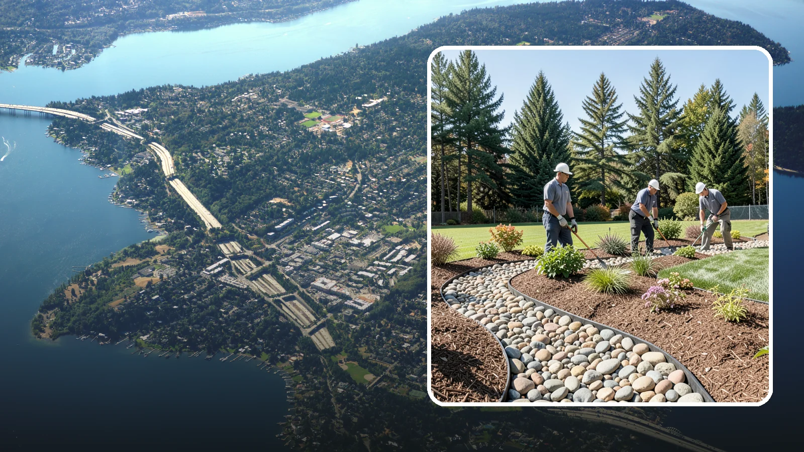 River Rock Installation in Mercer Island, King County, WA - Smooth river rock installed for decorative beds, dry creek beds, and natural-looking drainage accents.