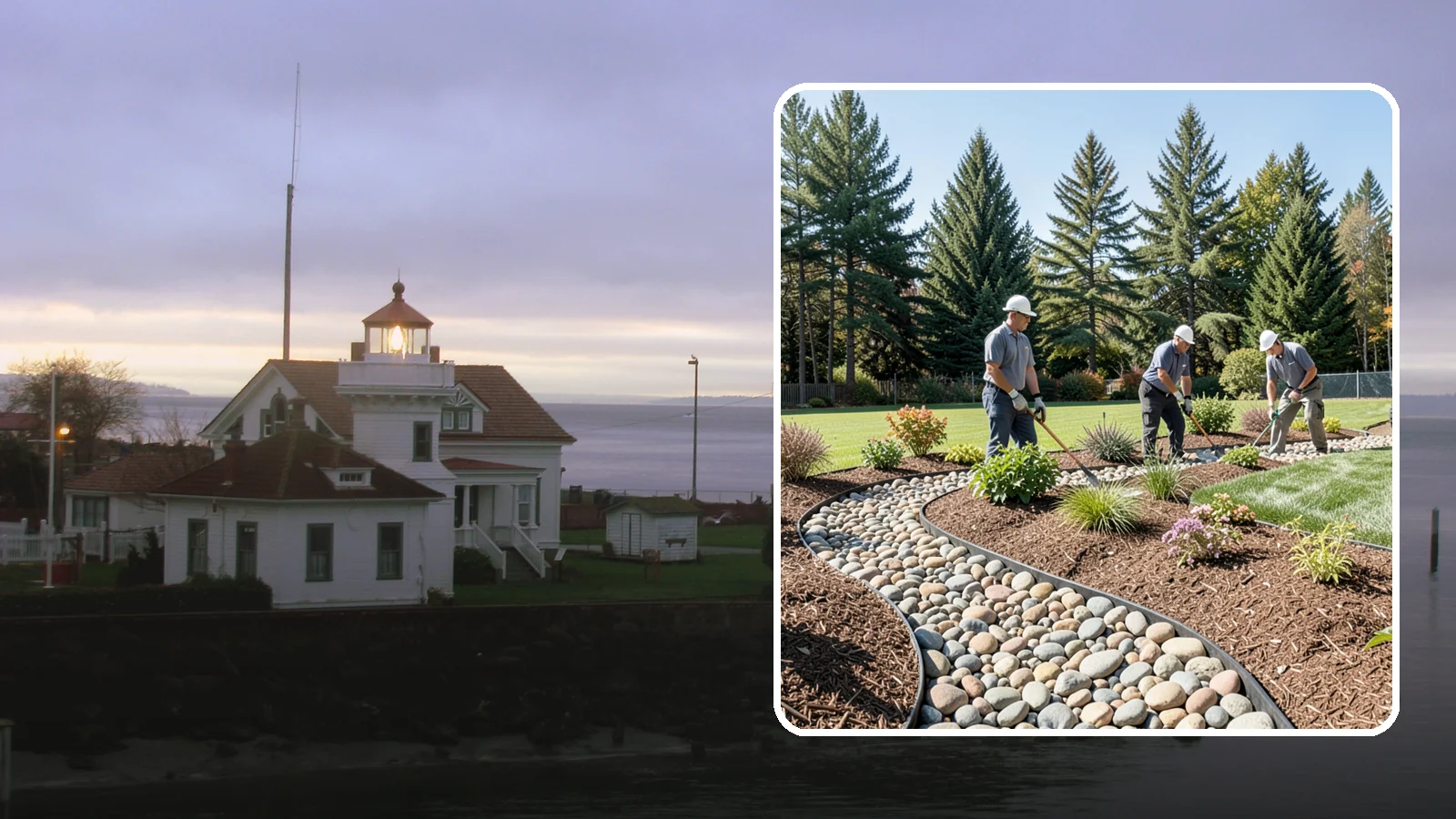 River Rock Installation in Mukilteo, Snohomish County, WA - Smooth river rock installed for decorative beds, dry creek beds, and natural-looking drainage accents.
