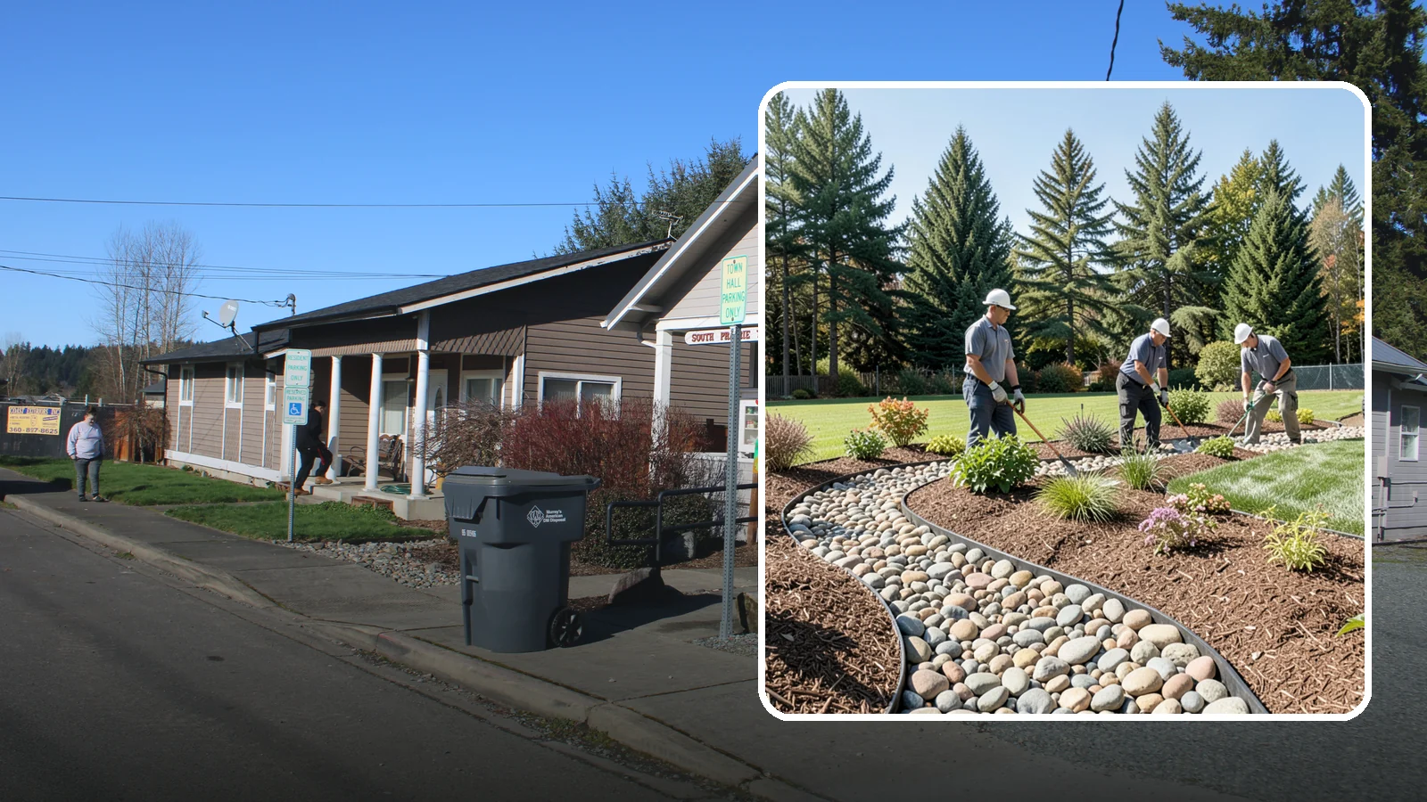 River Rock Installation in South Prairie, Pierce County, WA - Smooth river rock installed for decorative beds, dry creek beds, and natural-looking drainage accents.