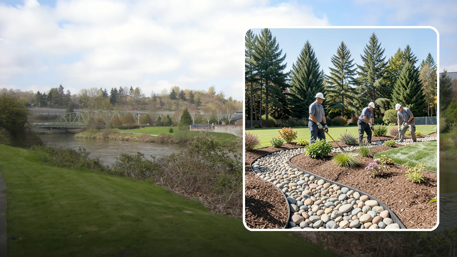 River Rock Installation in Tukwila, King County, WA - Smooth river rock installed for decorative beds, dry creek beds, and natural-looking drainage accents.