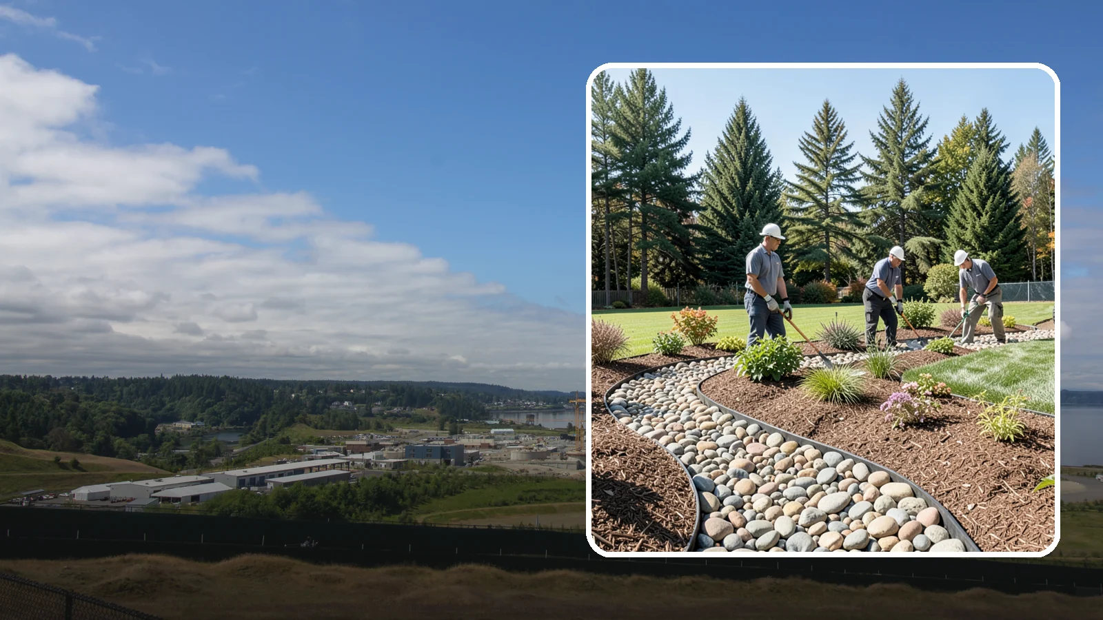 River Rock Installation in University Place, Pierce County, WA - Smooth river rock installed for decorative beds, dry creek beds, and natural-looking drainage accents.