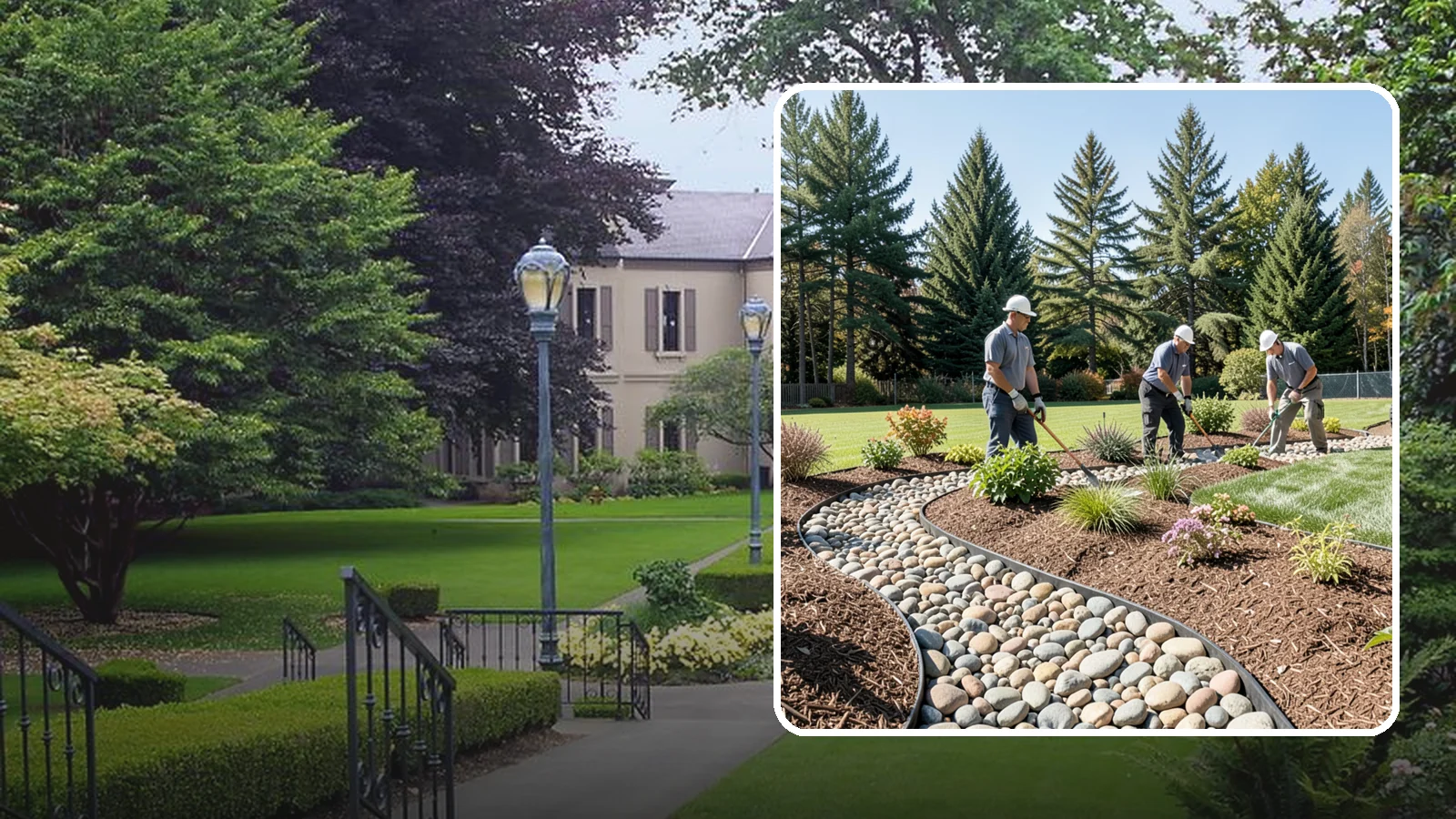 River Rock Installation in Woodinville, King County, WA - Smooth river rock installed for decorative beds, dry creek beds, and natural-looking drainage accents.