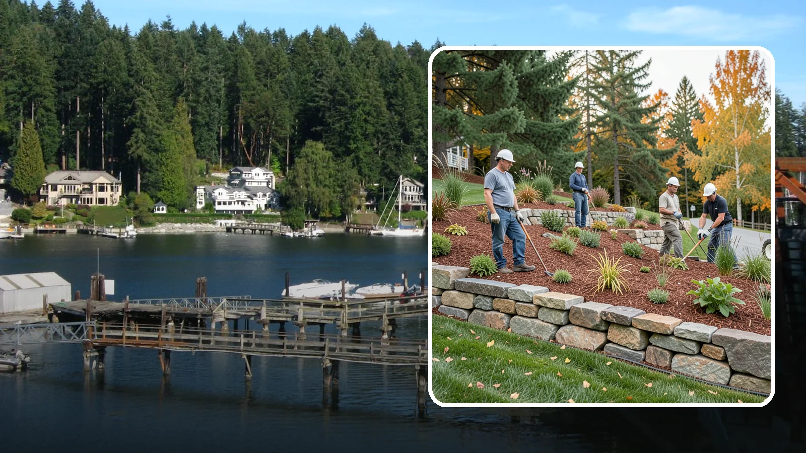 Rockery Wall Installation in Gig Harbor, Pierce County, WA - A regional PNW favorite of stacked quarry rock built as a free-draining rockery to stabilize and beautify Western Washington...