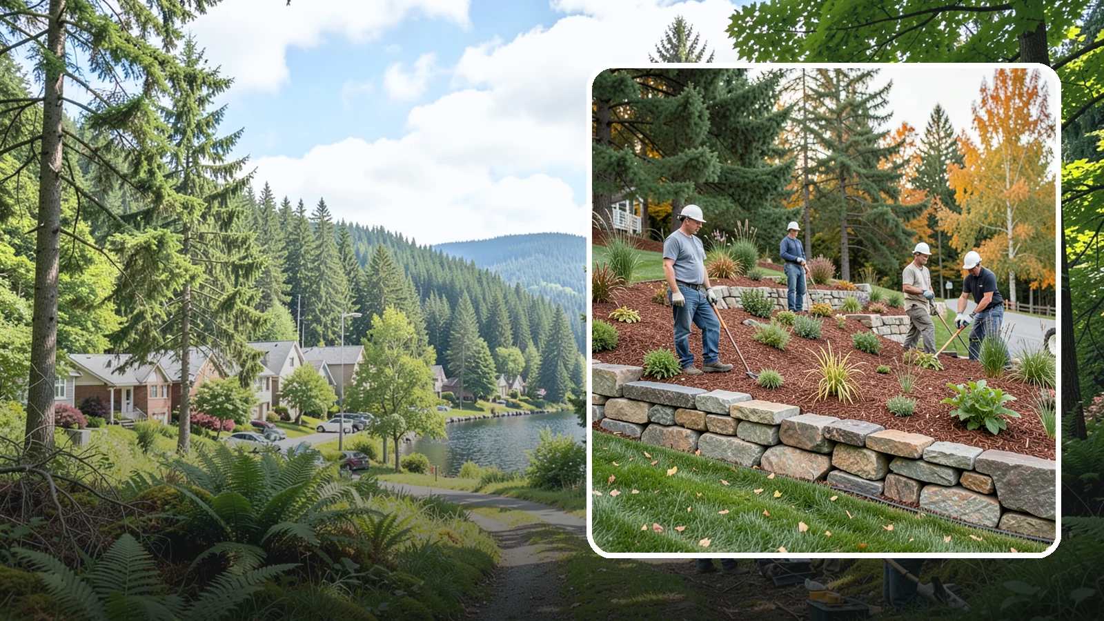 Rockery Wall Installation in Lake Forest Park, King County, WA - A regional PNW favorite of stacked quarry rock built as a free-draining rockery to stabilize and beautify Western Washington...
