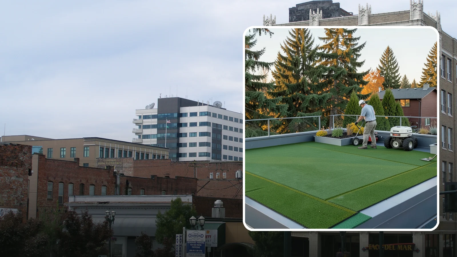 Rooftop & Balcony Turf Installation in Everett, Snohomish County, WA - Lightweight turf for rooftops, balconies, and decks that adds green space to hard surfaces with fast drainage.