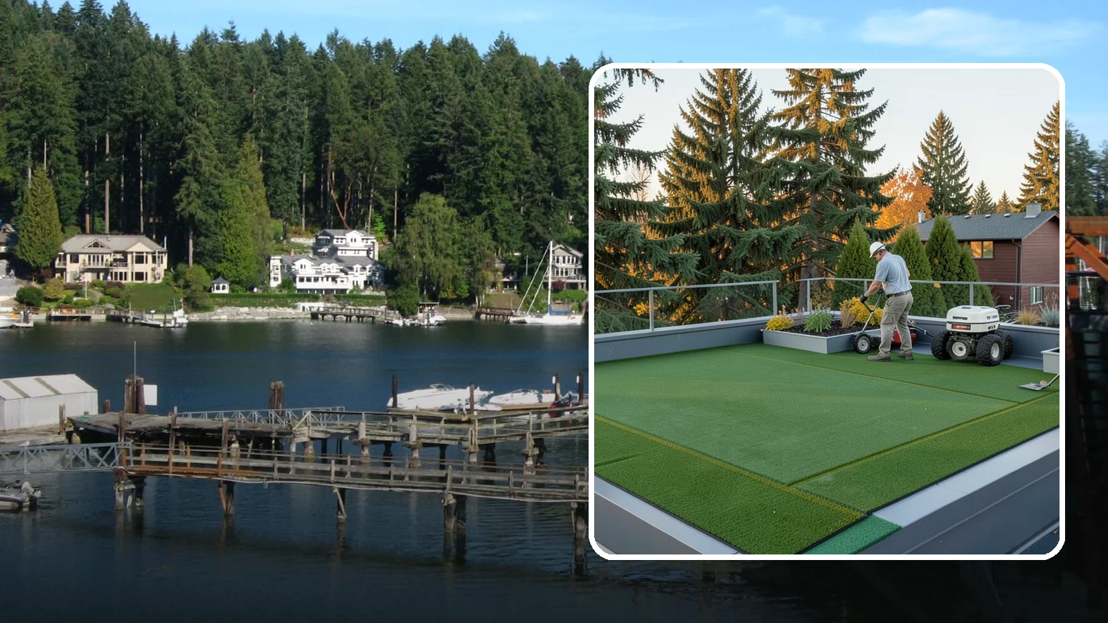 Rooftop & Balcony Turf Installation in Gig Harbor, Pierce County, WA - Lightweight turf for rooftops, balconies, and decks that adds green space to hard surfaces with fast drainage.