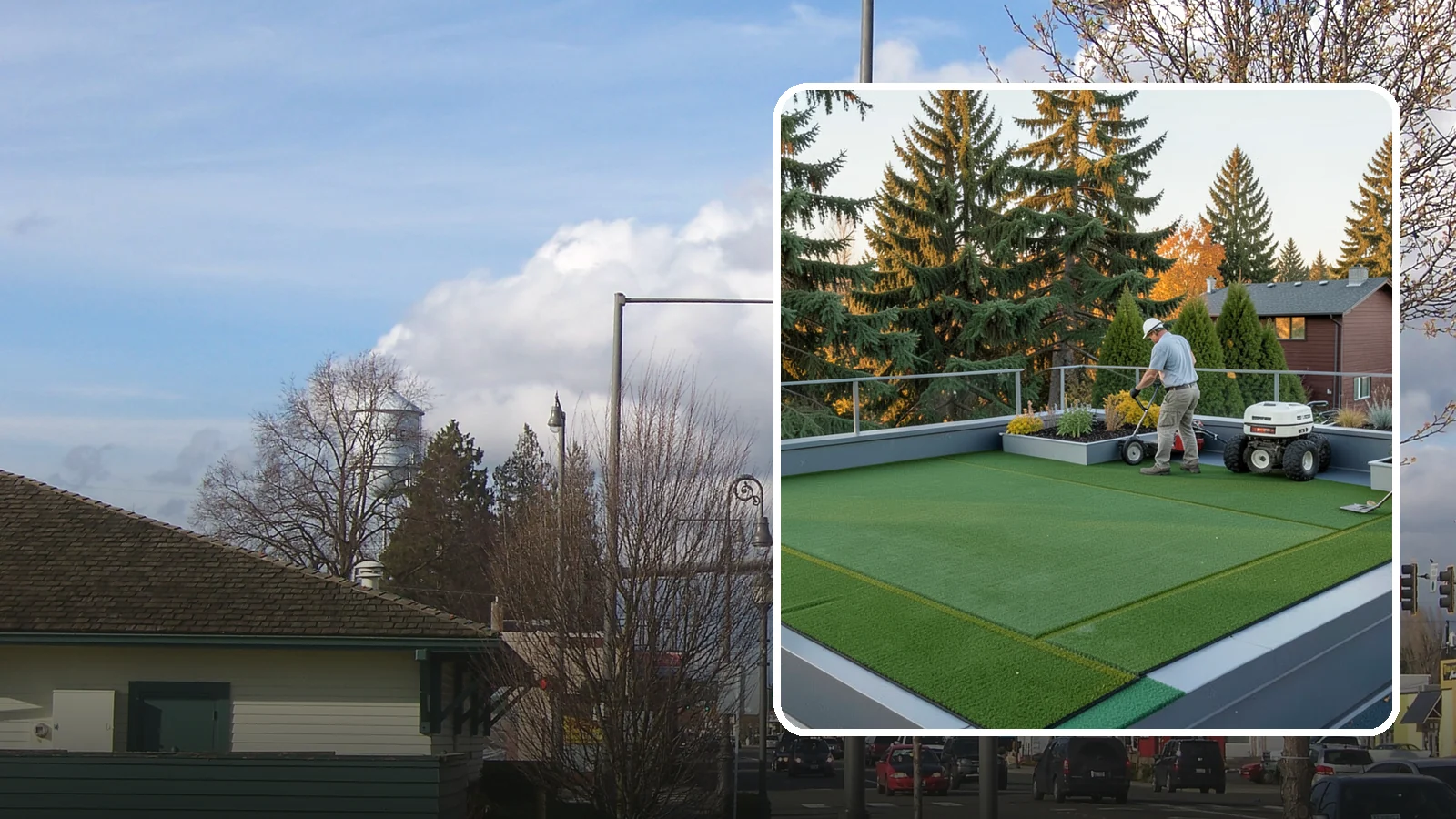 Rooftop & Balcony Turf Installation in Marysville, Snohomish County, WA - Lightweight turf for rooftops, balconies, and decks that adds green space to hard surfaces with fast drainage.