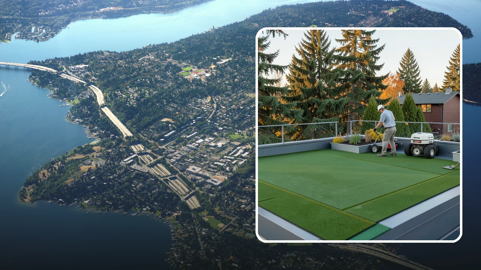 Rooftop & Balcony Turf Installation in Mercer Island, King County, WA - Lightweight turf for rooftops, balconies, and decks that adds green space to hard surfaces with fast drainage.