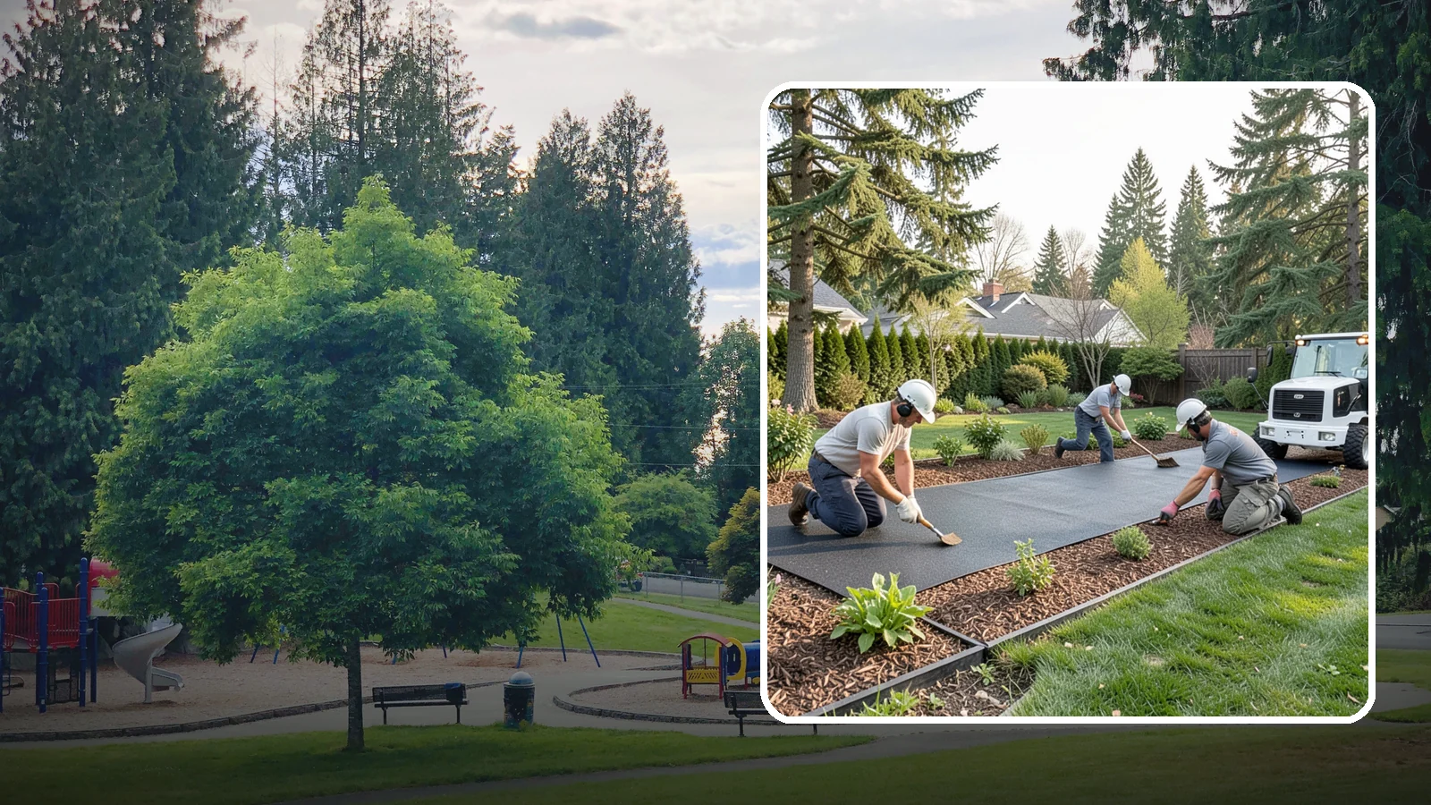 Rubber Mulch Installation in Bonney Lake, Pierce County, WA - Recycled rubber mulch installed for playgrounds, play areas, and beds that never need replacing.
