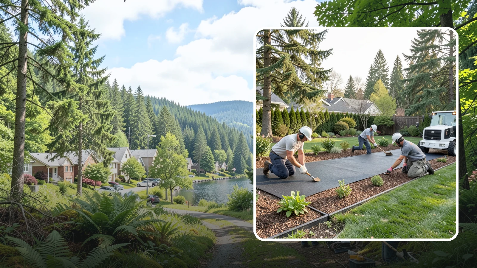 Rubber Mulch Installation in Lake Forest Park, King County, WA - Recycled rubber mulch installed for playgrounds, play areas, and beds that never need replacing.