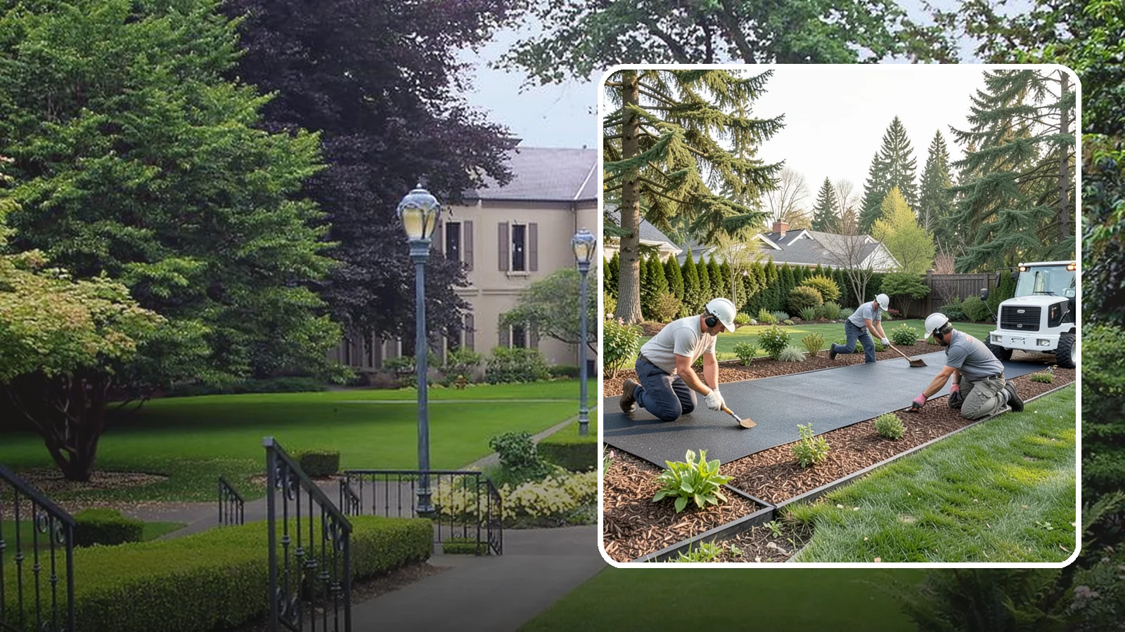Rubber Mulch Installation in Woodinville, King County, WA - Recycled rubber mulch installed for playgrounds, play areas, and beds that never need replacing.