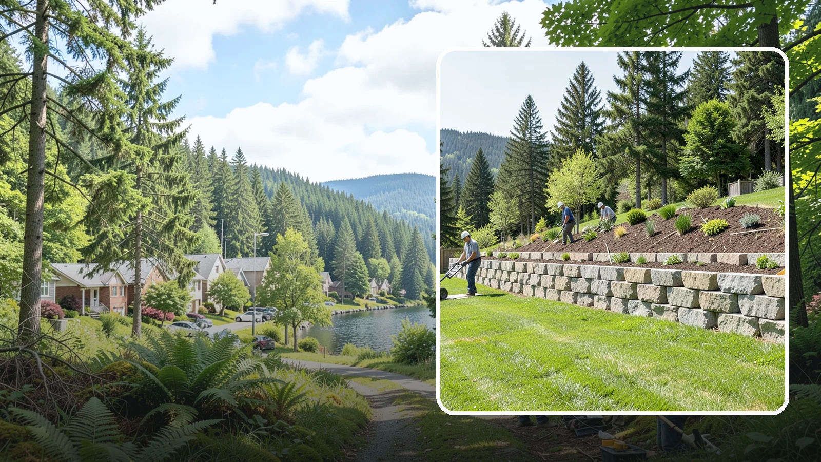 Segmental Block Retaining Wall in Lake Forest Park, King County, WA - An engineered mortarless wall of interlocking segmental units, ideal for taller PNW slopes that demand reinforcement and reliable...