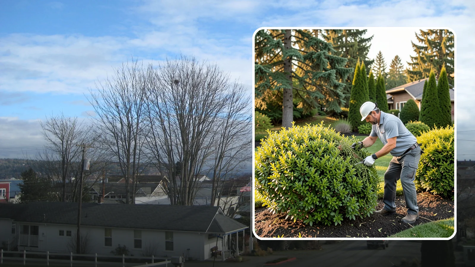 Shrub Rejuvenation Pruning in Langley, Island County, WA - Hard rejuvenation pruning that brings overgrown, leggy shrubs back to dense, healthy growth.