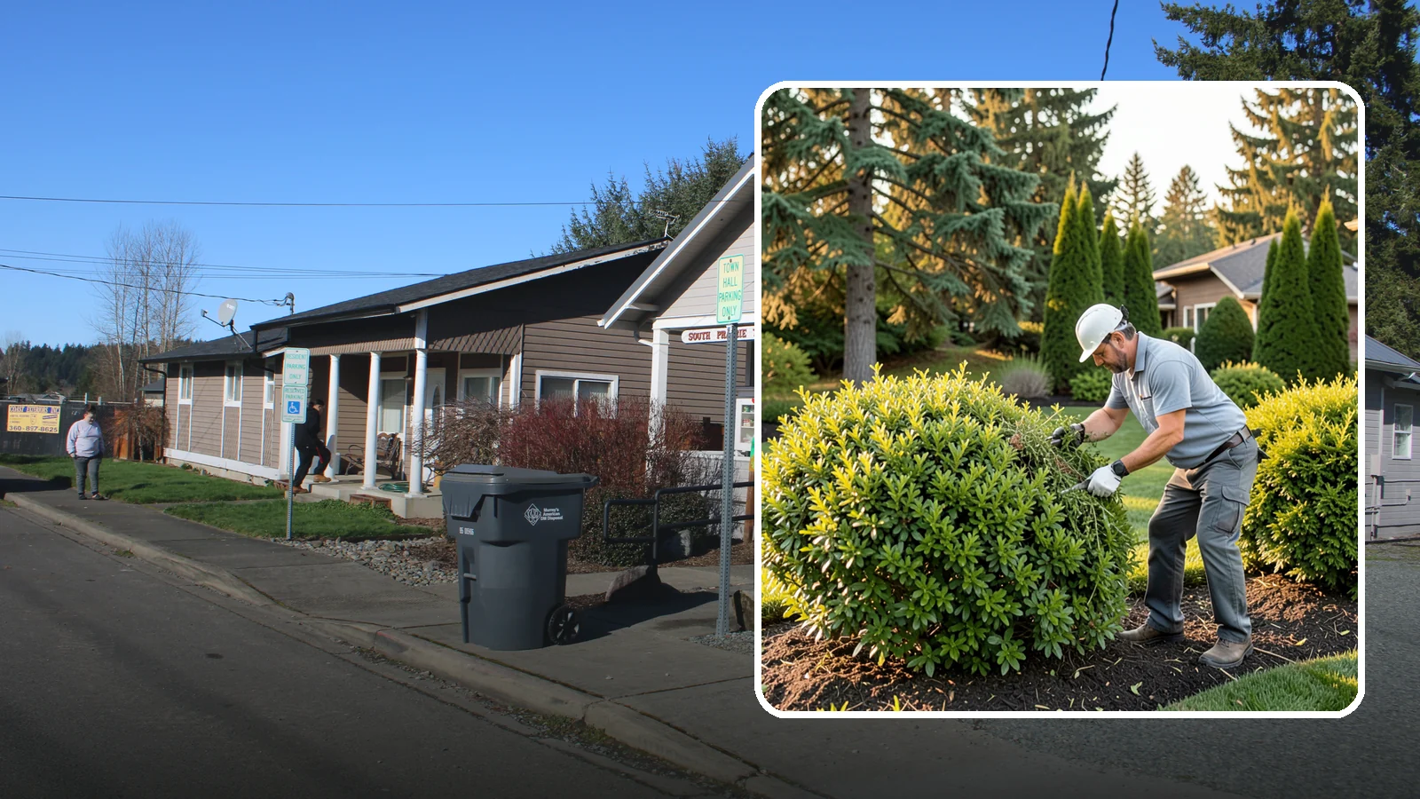 Shrub Rejuvenation Pruning in South Prairie, Pierce County, WA - Hard rejuvenation pruning that brings overgrown, leggy shrubs back to dense, healthy growth.