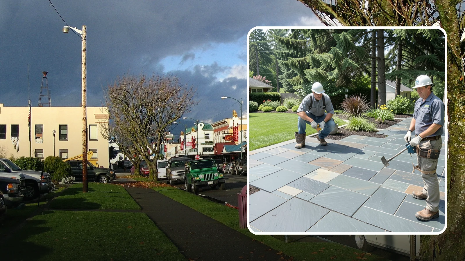 Slate Paver Installation in Arlington, Snohomish County, WA - Fine-grained slate pavers in deep charcoal and multicolor tones, offering a sleek, textured surface for refined Northwest patios.