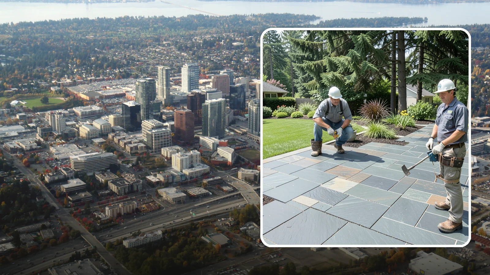 Slate Paver Installation in Bellevue, King County, WA - Fine-grained slate pavers in deep charcoal and multicolor tones, offering a sleek, textured surface for refined Northwest patios.