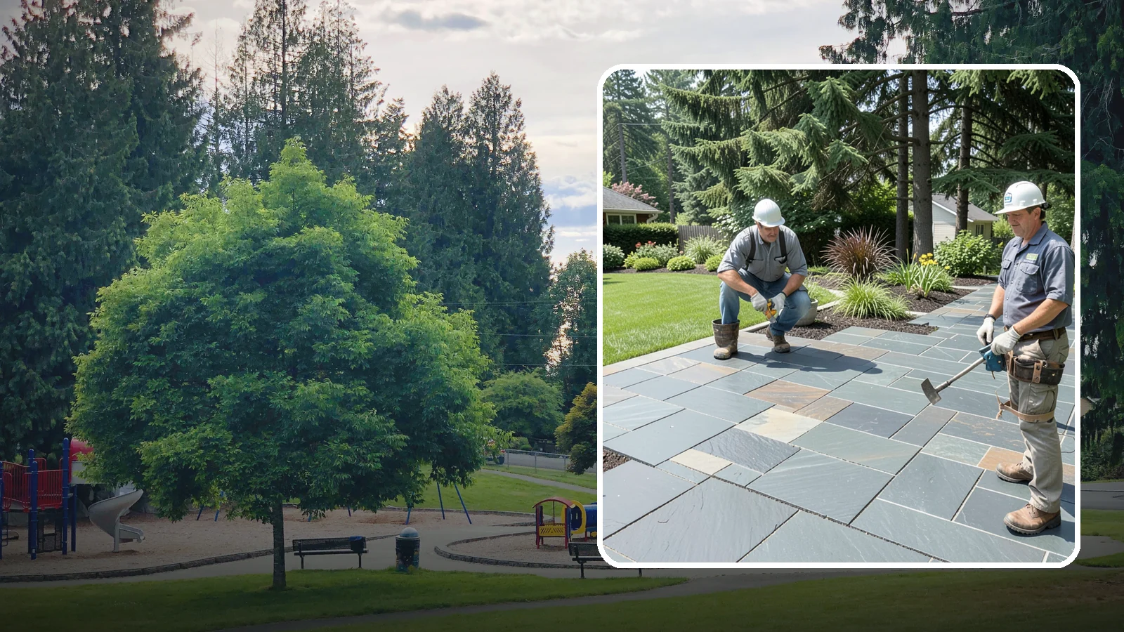 Slate Paver Installation in Bonney Lake, Pierce County, WA - Fine-grained slate pavers in deep charcoal and multicolor tones, offering a sleek, textured surface for refined Northwest patios.