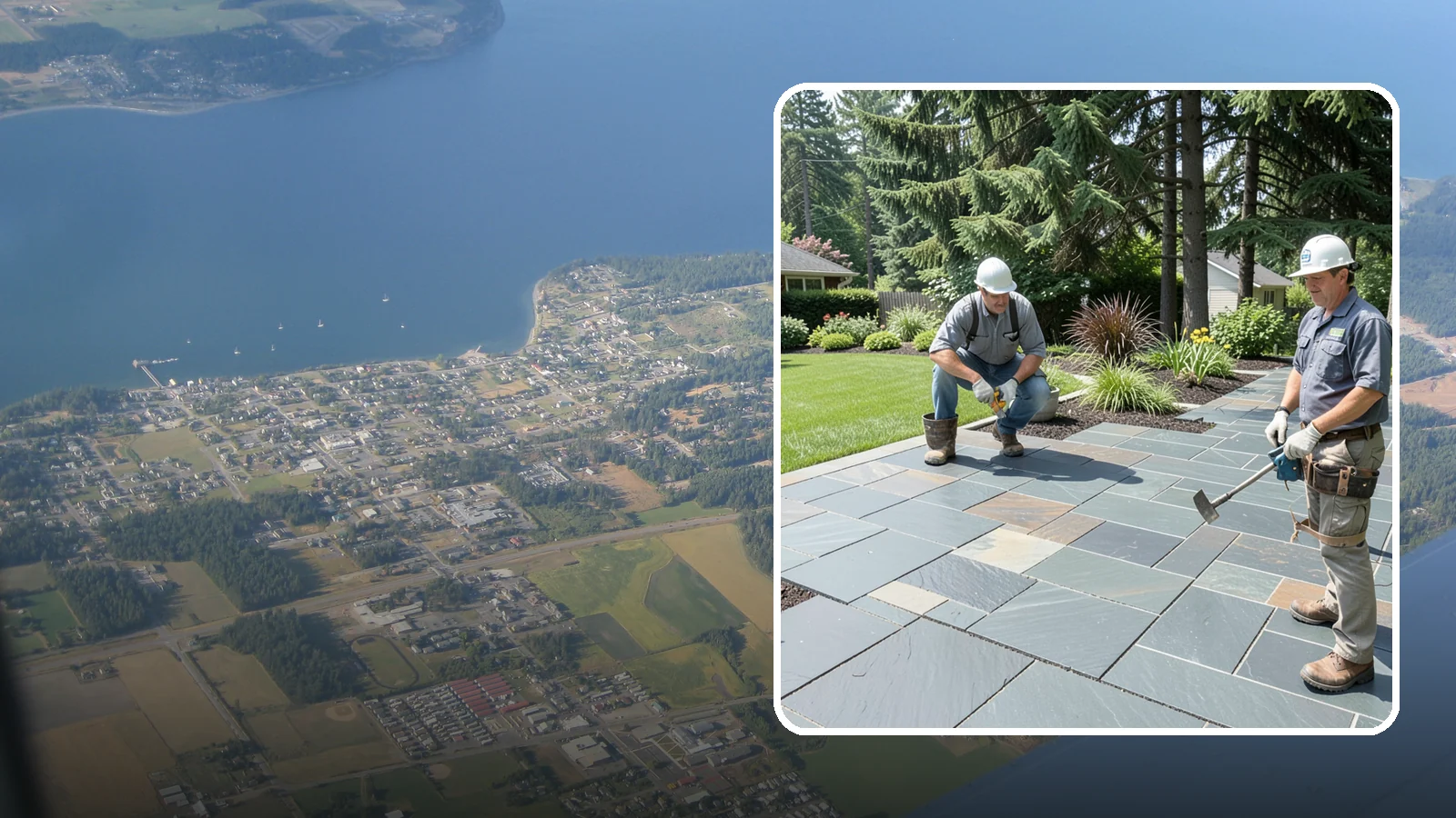 Slate Paver Installation in Coupeville, Island County, WA - Fine-grained slate pavers in deep charcoal and multicolor tones, offering a sleek, textured surface for refined Northwest patios.