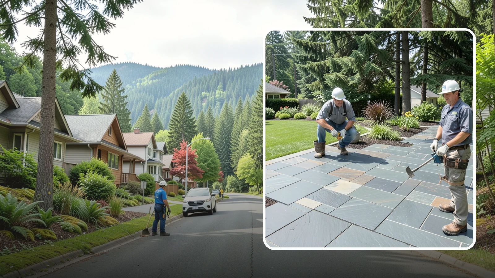Slate Paver Installation in Darrington, Snohomish County, WA - Fine-grained slate pavers in deep charcoal and multicolor tones, offering a sleek, textured surface for refined Northwest patios.