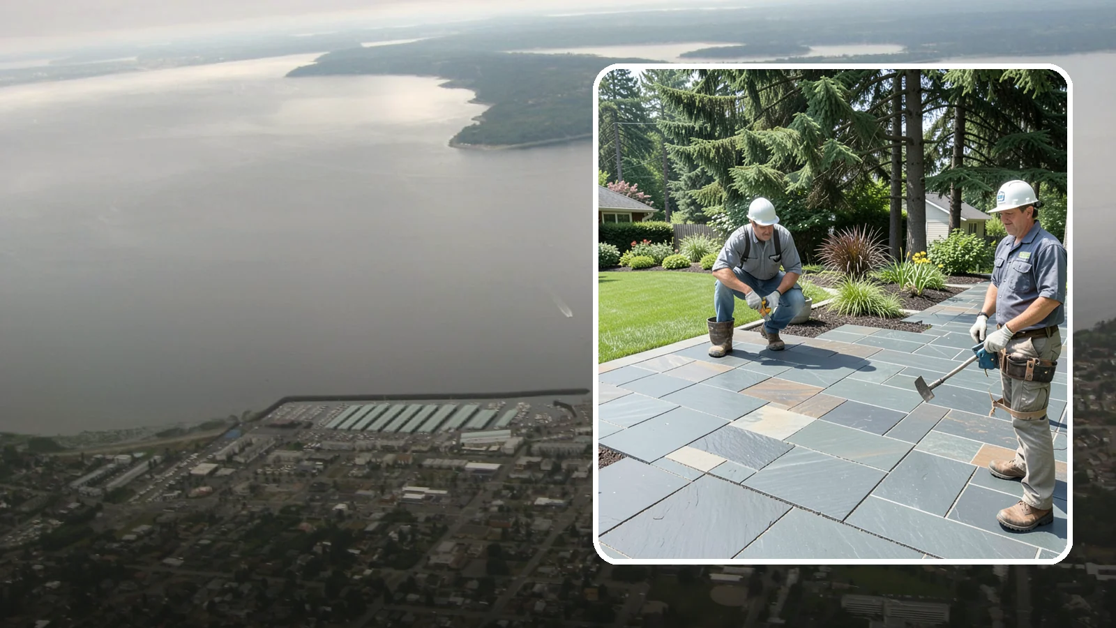Slate Paver Installation in Des Moines, King County, WA - Fine-grained slate pavers in deep charcoal and multicolor tones, offering a sleek, textured surface for refined Northwest patios.