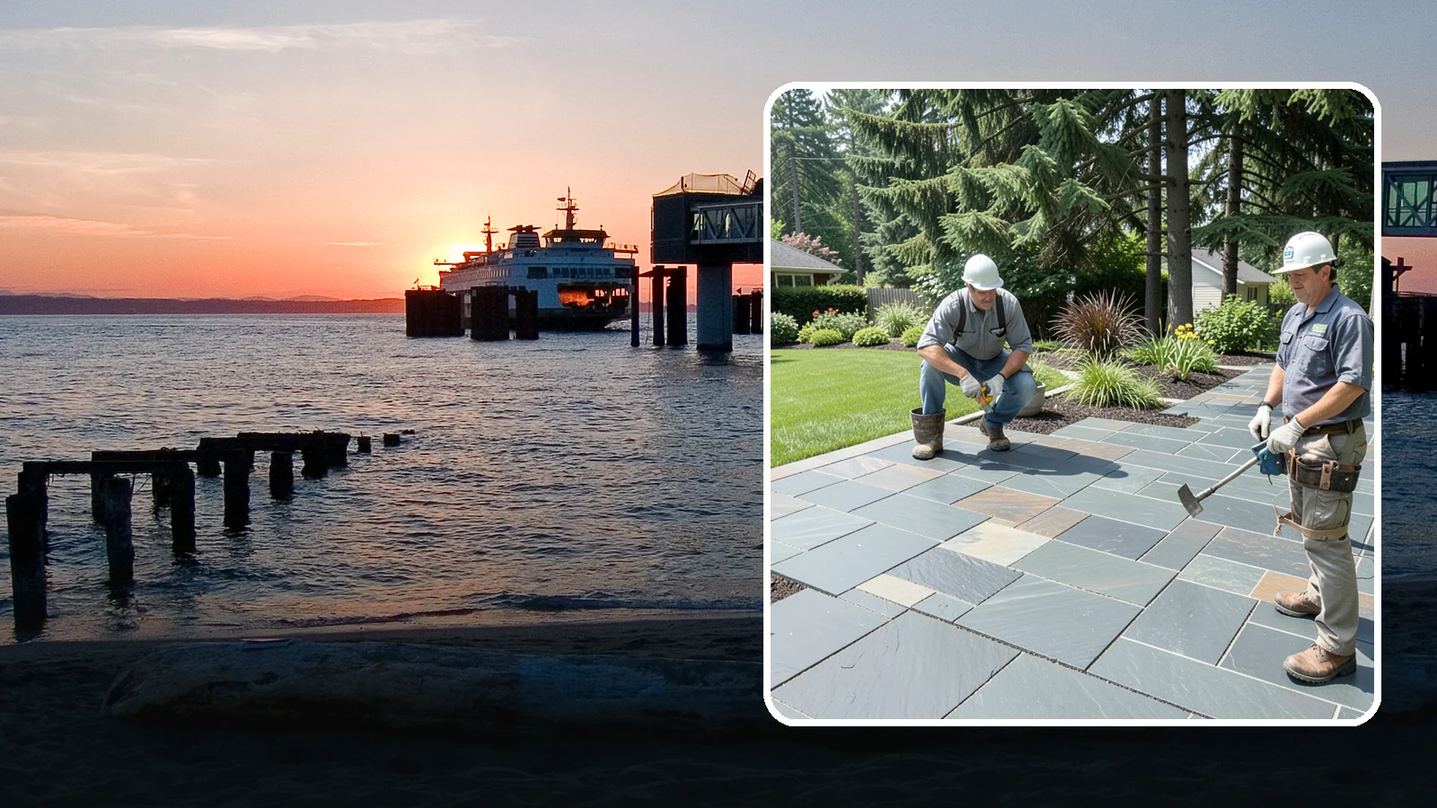 Slate Paver Installation in Edmonds, Snohomish County, WA - Fine-grained slate pavers in deep charcoal and multicolor tones, offering a sleek, textured surface for refined Northwest patios.
