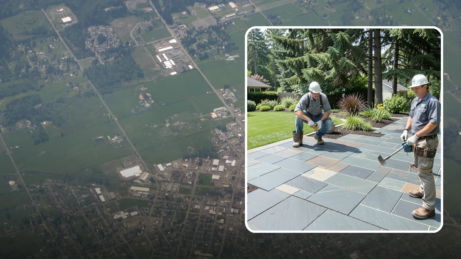 Slate Paver Installation in Enumclaw, King County, WA - Fine-grained slate pavers in deep charcoal and multicolor tones, offering a sleek, textured surface for refined Northwest patios.