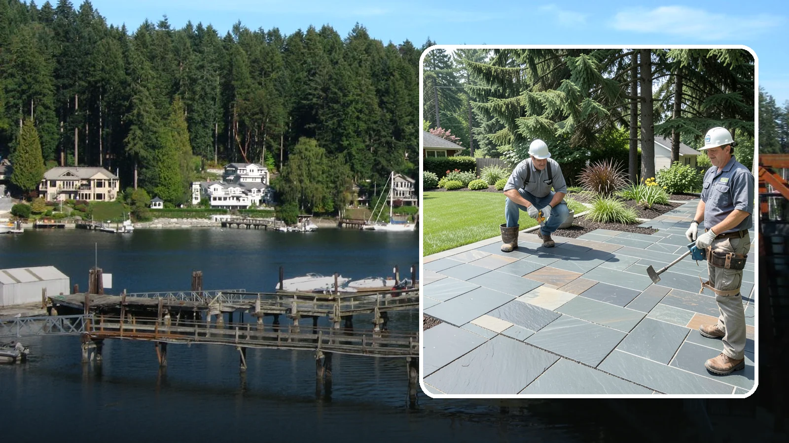 Slate Paver Installation in Gig Harbor, Pierce County, WA - Fine-grained slate pavers in deep charcoal and multicolor tones, offering a sleek, textured surface for refined Northwest patios.