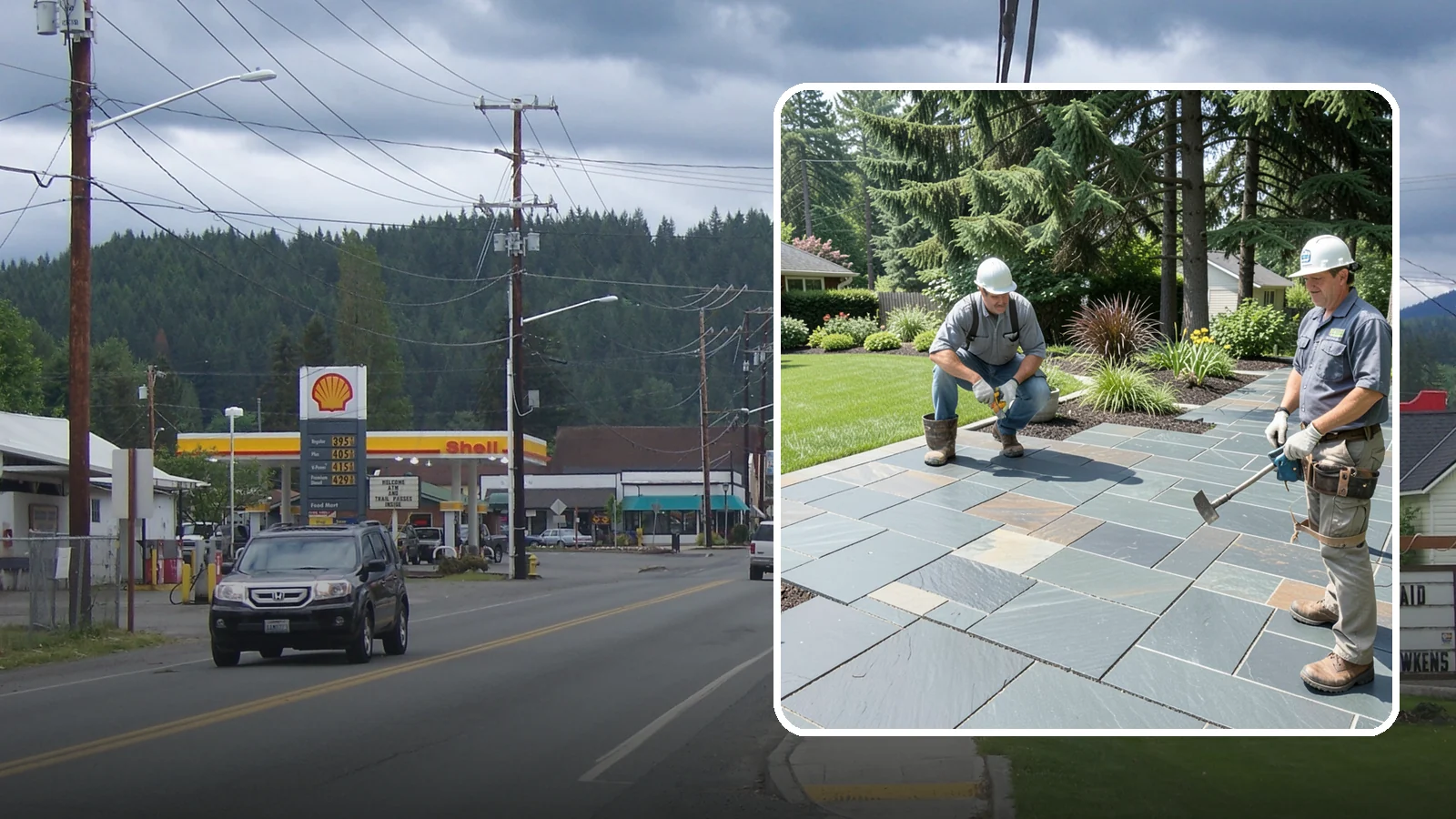 Slate Paver Installation in Granite Falls, Snohomish County, WA - Fine-grained slate pavers in deep charcoal and multicolor tones, offering a sleek, textured surface for refined Northwest patios.