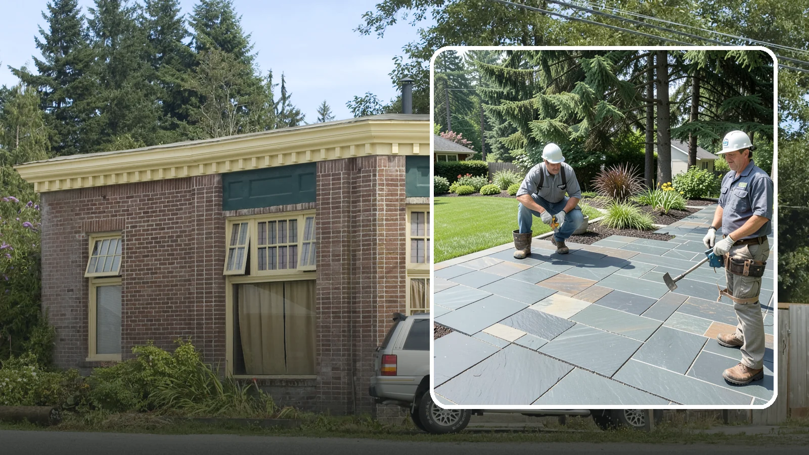 Slate Paver Installation in Hamilton, Skagit County, WA - Fine-grained slate pavers in deep charcoal and multicolor tones, offering a sleek, textured surface for refined Northwest patios.