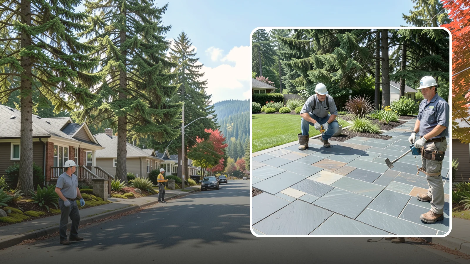 Slate Paver Installation in Hunts Point, King County, WA - Fine-grained slate pavers in deep charcoal and multicolor tones, offering a sleek, textured surface for refined Northwest patios.