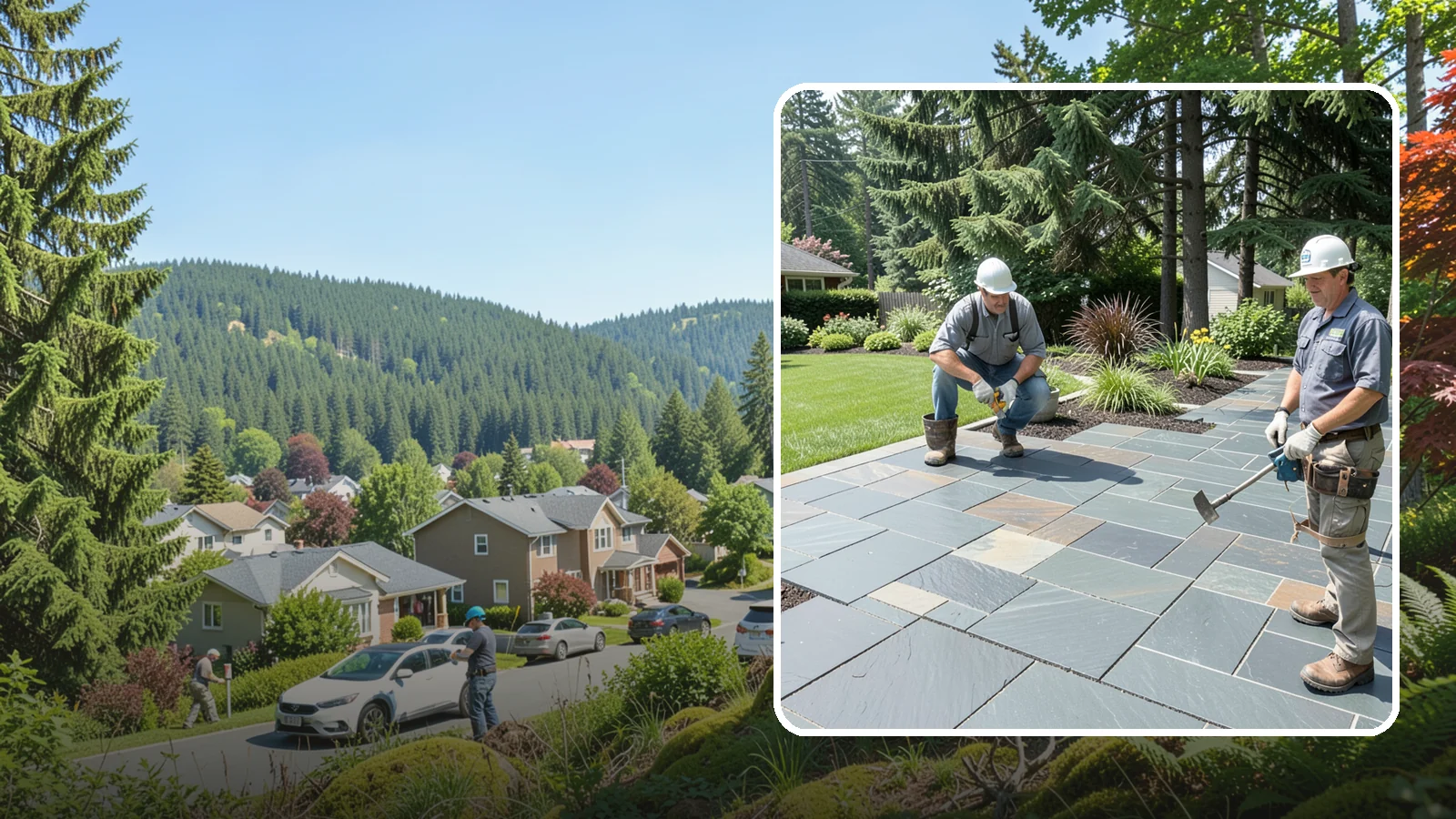 Slate Paver Installation in Index, Snohomish County, WA - Fine-grained slate pavers in deep charcoal and multicolor tones, offering a sleek, textured surface for refined Northwest patios.