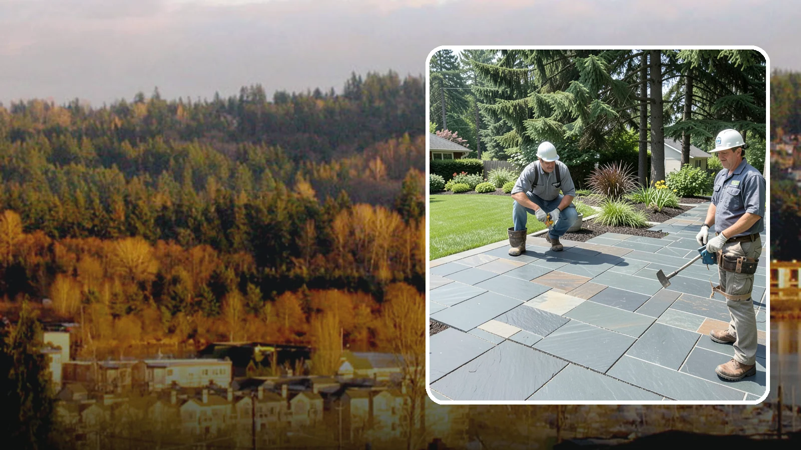 Slate Paver Installation in Kenmore, King County, WA - Fine-grained slate pavers in deep charcoal and multicolor tones, offering a sleek, textured surface for refined Northwest patios.