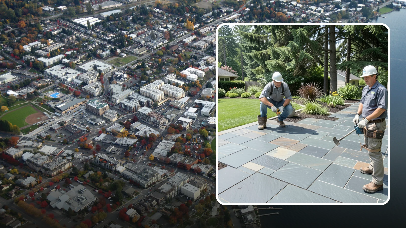 Slate Paver Installation in Kirkland, King County, WA - Fine-grained slate pavers in deep charcoal and multicolor tones, offering a sleek, textured surface for refined Northwest patios.