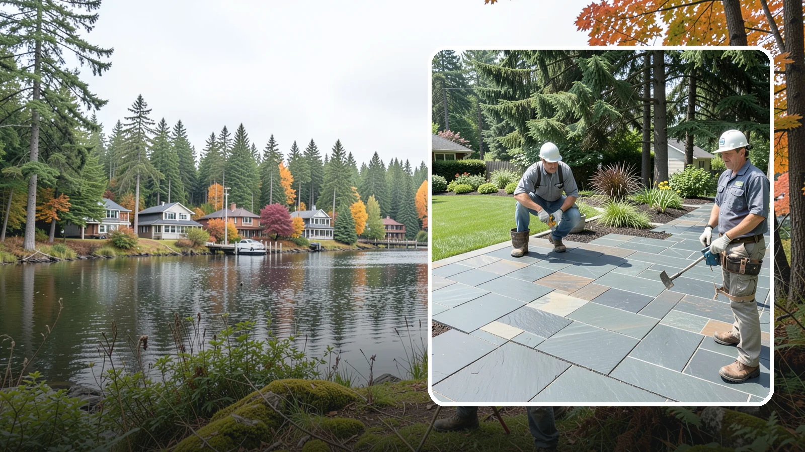 Slate Paver Installation in La Conner, Skagit County, WA - Fine-grained slate pavers in deep charcoal and multicolor tones, offering a sleek, textured surface for refined Northwest patios.