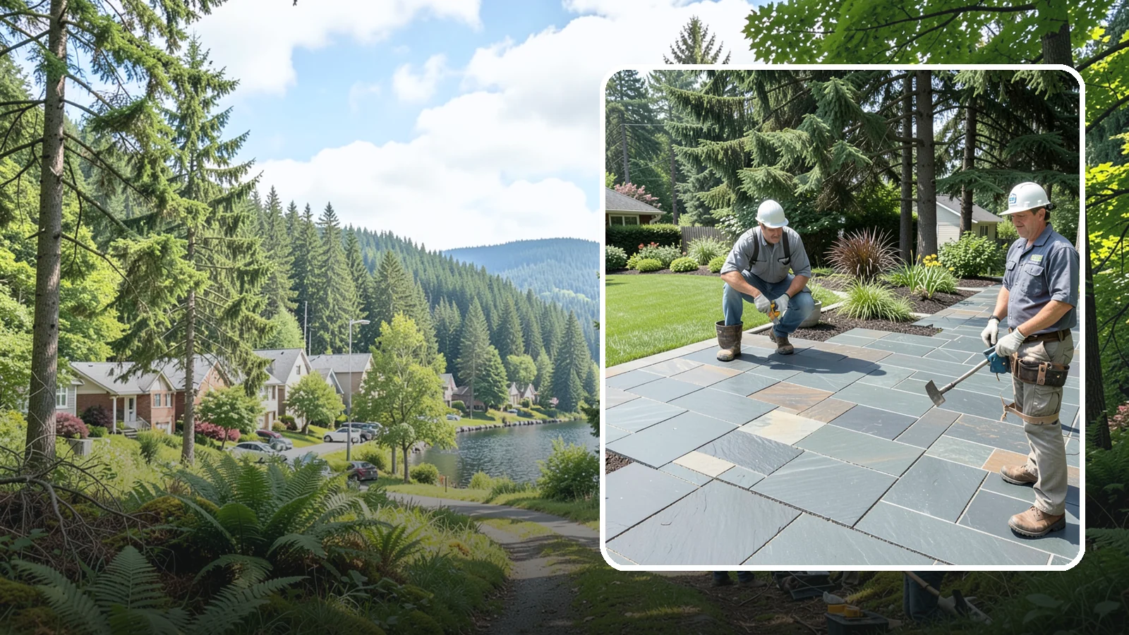 Slate Paver Installation in Lake Forest Park, King County, WA - Fine-grained slate pavers in deep charcoal and multicolor tones, offering a sleek, textured surface for refined Northwest patios.