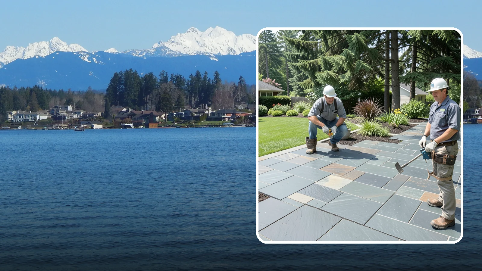 Slate Paver Installation in Lake Stevens, Snohomish County, WA - Fine-grained slate pavers in deep charcoal and multicolor tones, offering a sleek, textured surface for refined Northwest patios.
