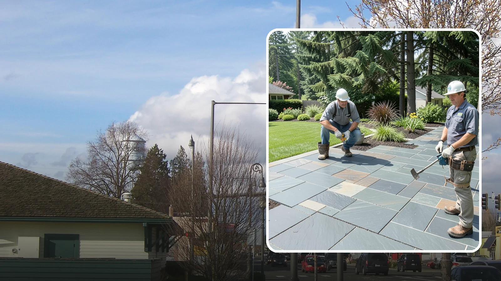 Slate Paver Installation in Marysville, Snohomish County, WA - Fine-grained slate pavers in deep charcoal and multicolor tones, offering a sleek, textured surface for refined Northwest patios.