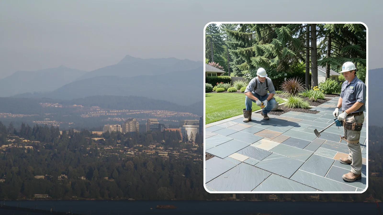 Slate Paver Installation in Medina, King County, WA - Fine-grained slate pavers in deep charcoal and multicolor tones, offering a sleek, textured surface for refined Northwest patios.