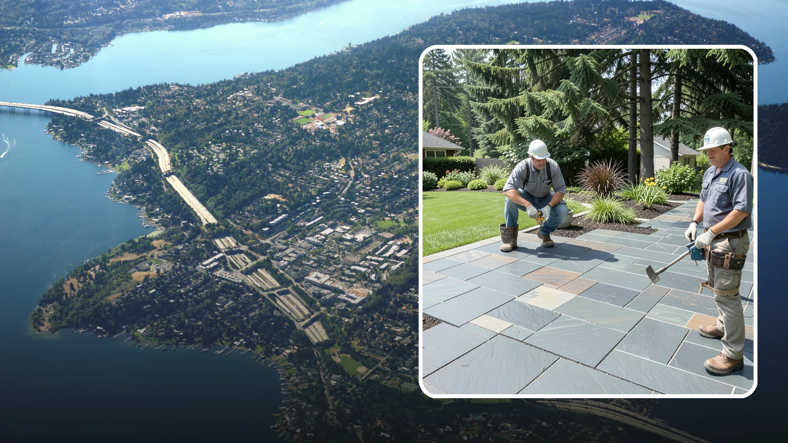 Slate Paver Installation in Mercer Island, King County, WA - Fine-grained slate pavers in deep charcoal and multicolor tones, offering a sleek, textured surface for refined Northwest patios.