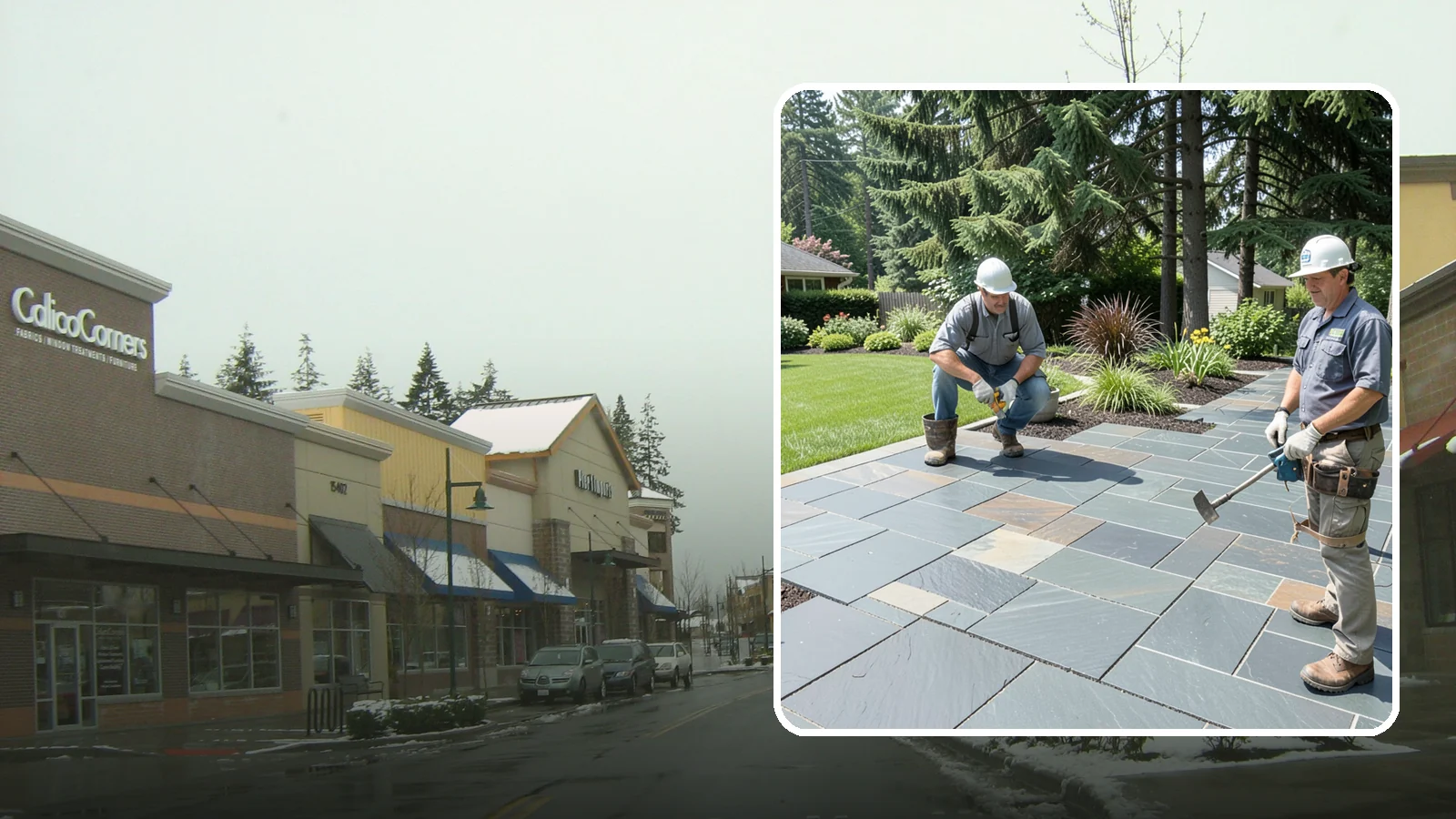 Slate Paver Installation in Mill Creek, Snohomish County, WA - Fine-grained slate pavers in deep charcoal and multicolor tones, offering a sleek, textured surface for refined Northwest patios.