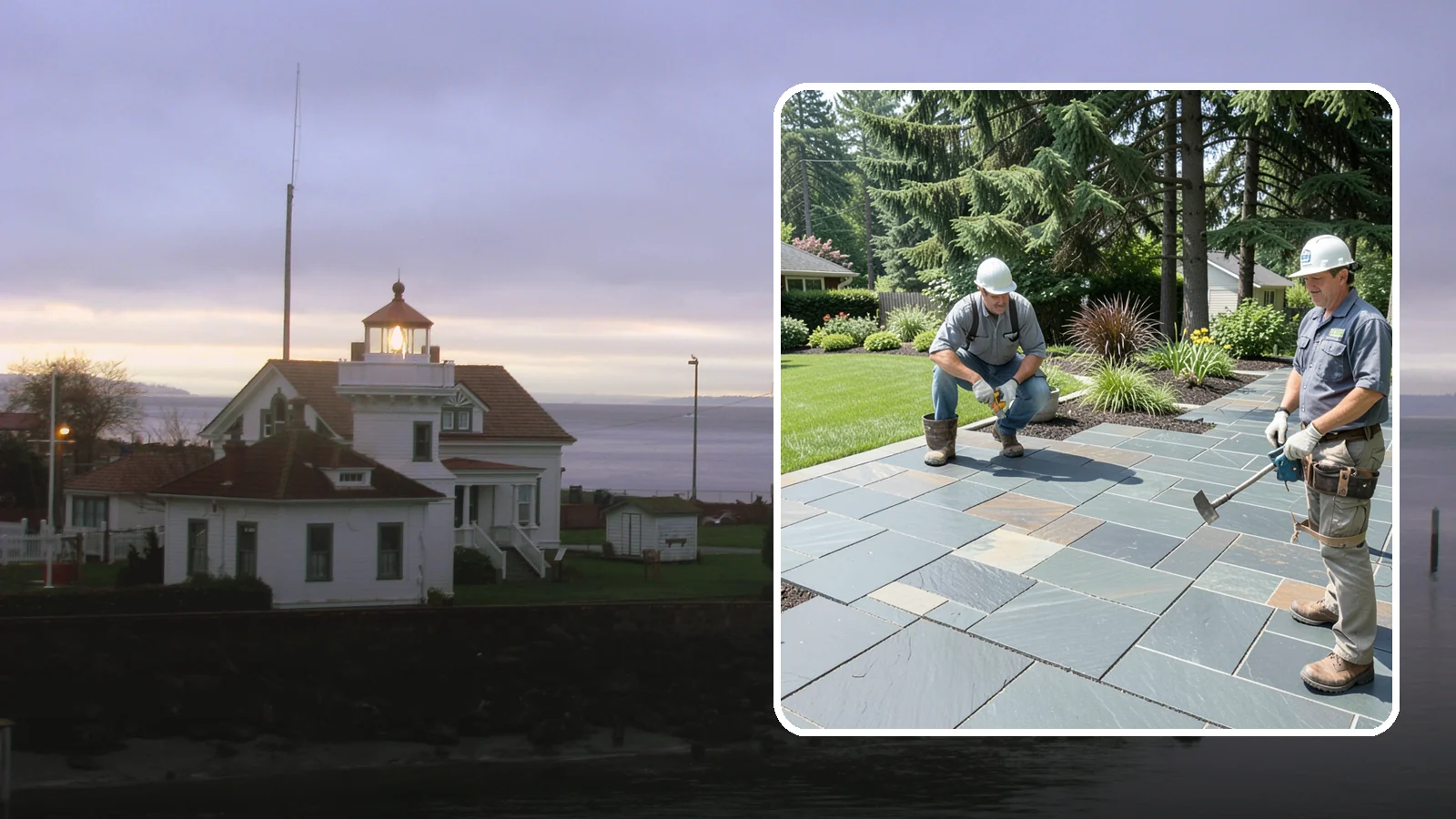 Slate Paver Installation in Mukilteo, Snohomish County, WA - Fine-grained slate pavers in deep charcoal and multicolor tones, offering a sleek, textured surface for refined Northwest patios.